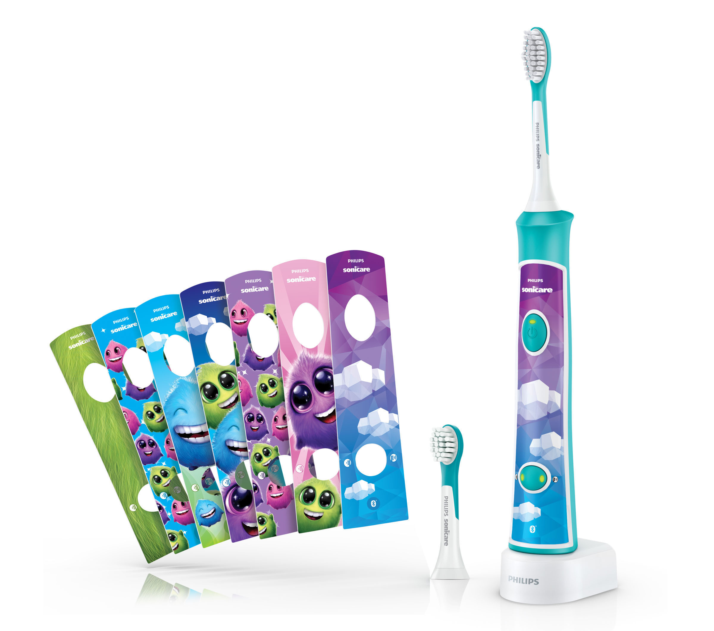 Philips Sonicare Zahnbürstenset mit Bürstenköpfen und Ladegerät. Weißer Hintergrund.