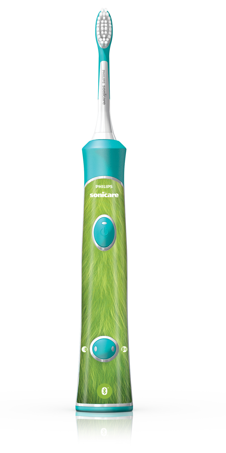 Eine grüne und weiße elektrische Zahnbürste mit langem Griff und Bürstenkopf.