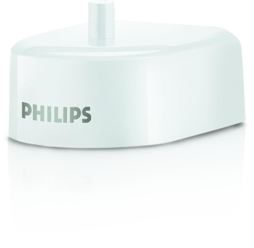 Weißer Philips Zahnbürsten-Ladeständer mit dem Philips-Logo.