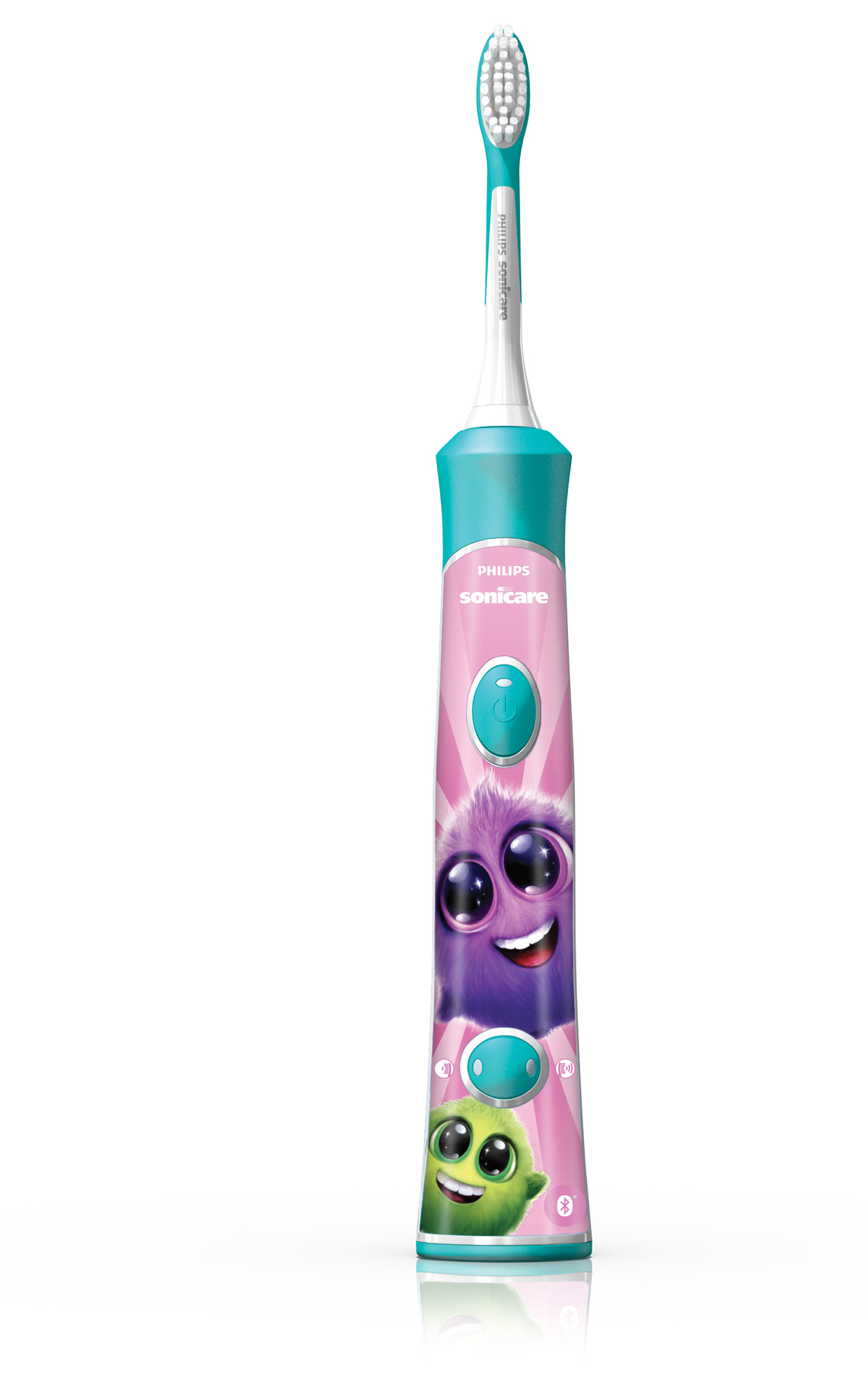Eine rosa und türkis elektrische Zahnbürste für Kinder mit Cartoon-Monstergesichtern. Weißer Hintergrund.