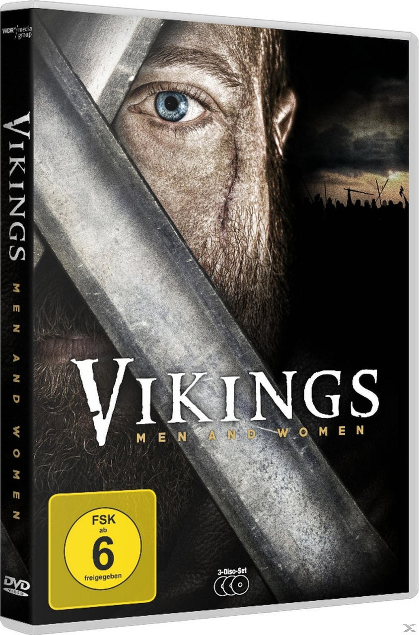 DVD-Cover mit einem Wikinger mit einem Schwert. Der Titel lautet „Vikings: Men and Women“. Dunkler Hintergrund, Auge ist sichtbar.