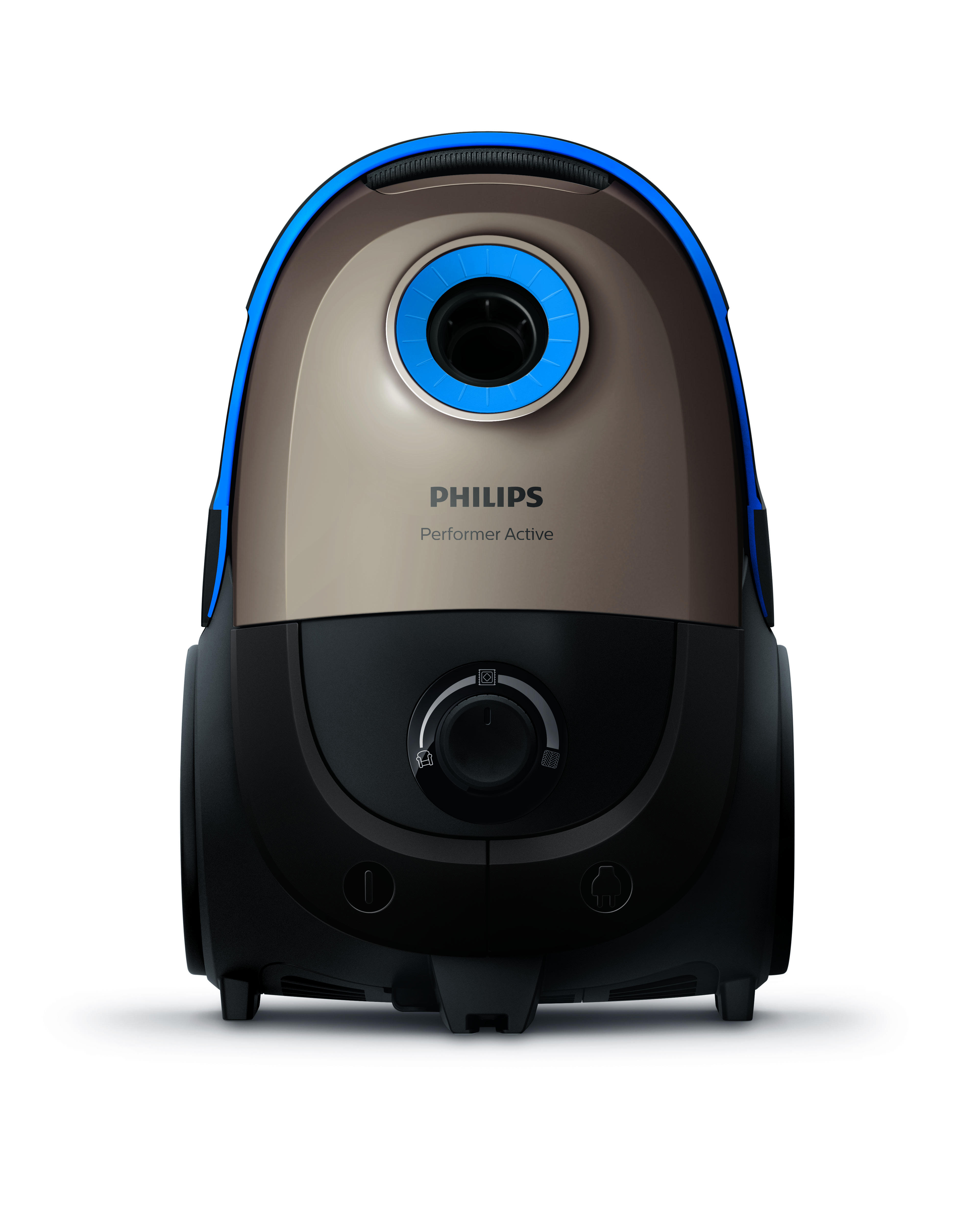 Ein Philips Performer Active Staubsauger, schwarz und bronzefarben mit blauem Akzentring.