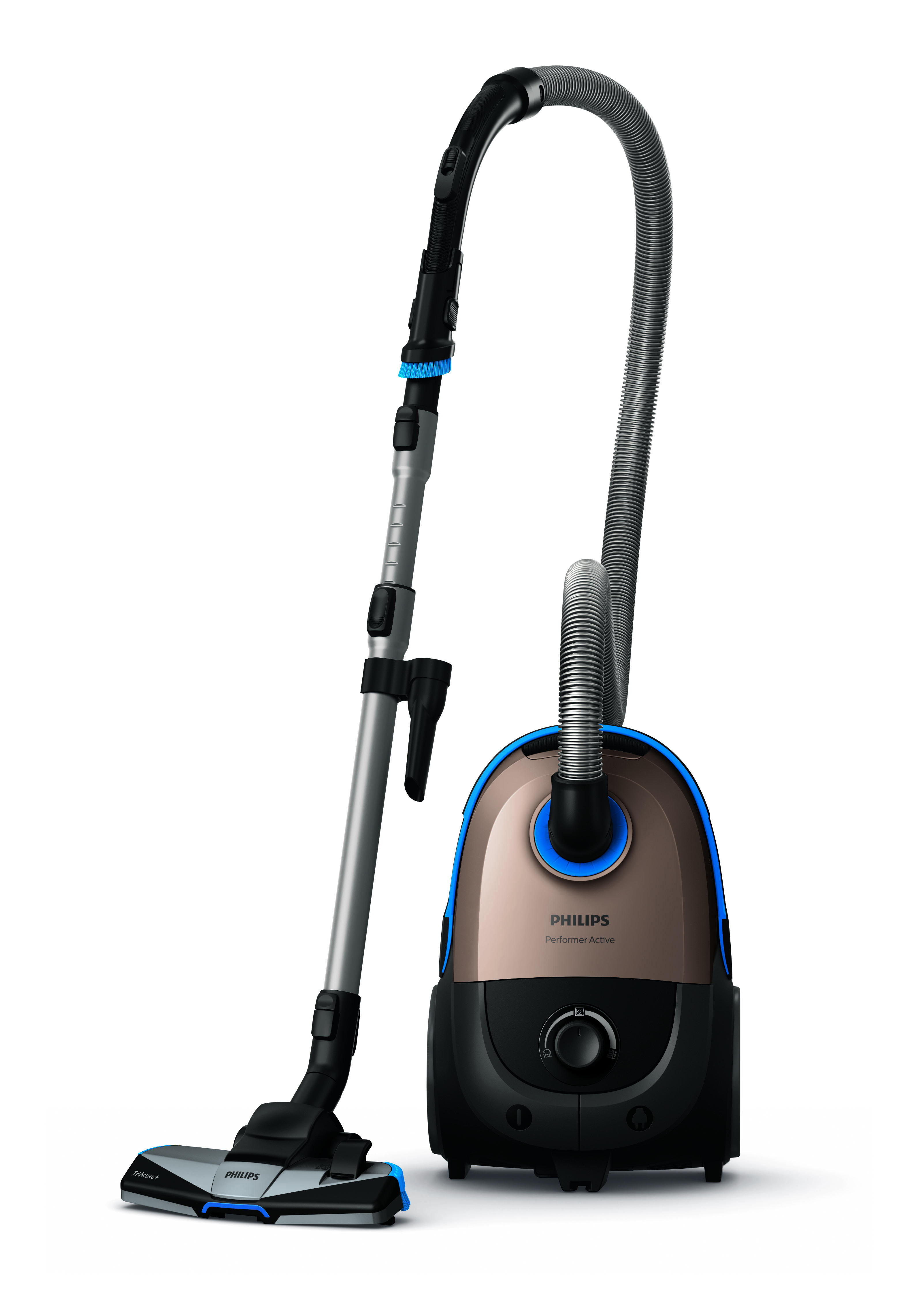 Ein Philips Staubsauger mit braunem Gehäuse, schwarzen und blauen Akzenten und einem silbernen Schlauch.