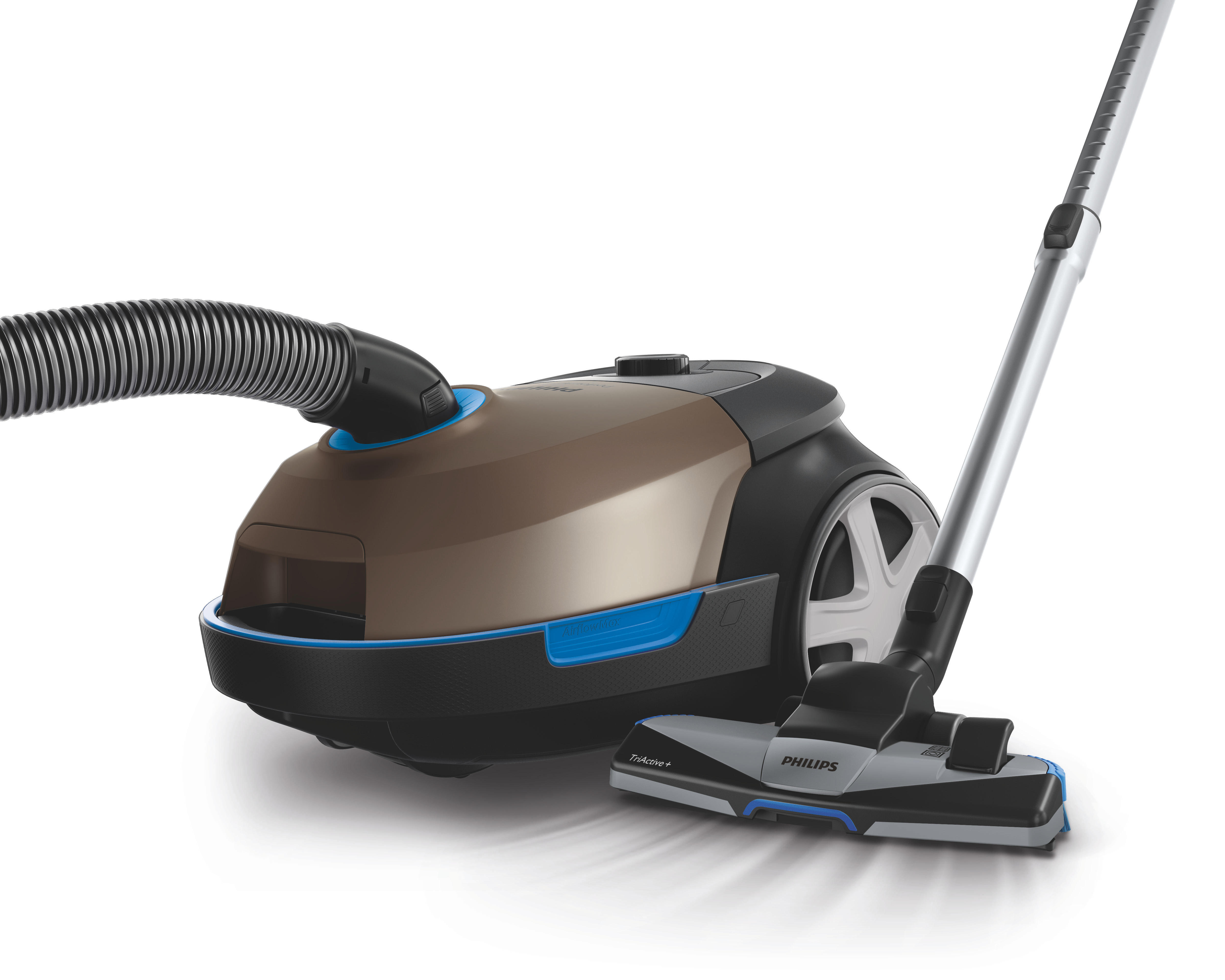 Brauner und blauer Philips Staubsauger mit Schlauch, Düse und Griff, auf weißem Hintergrund.