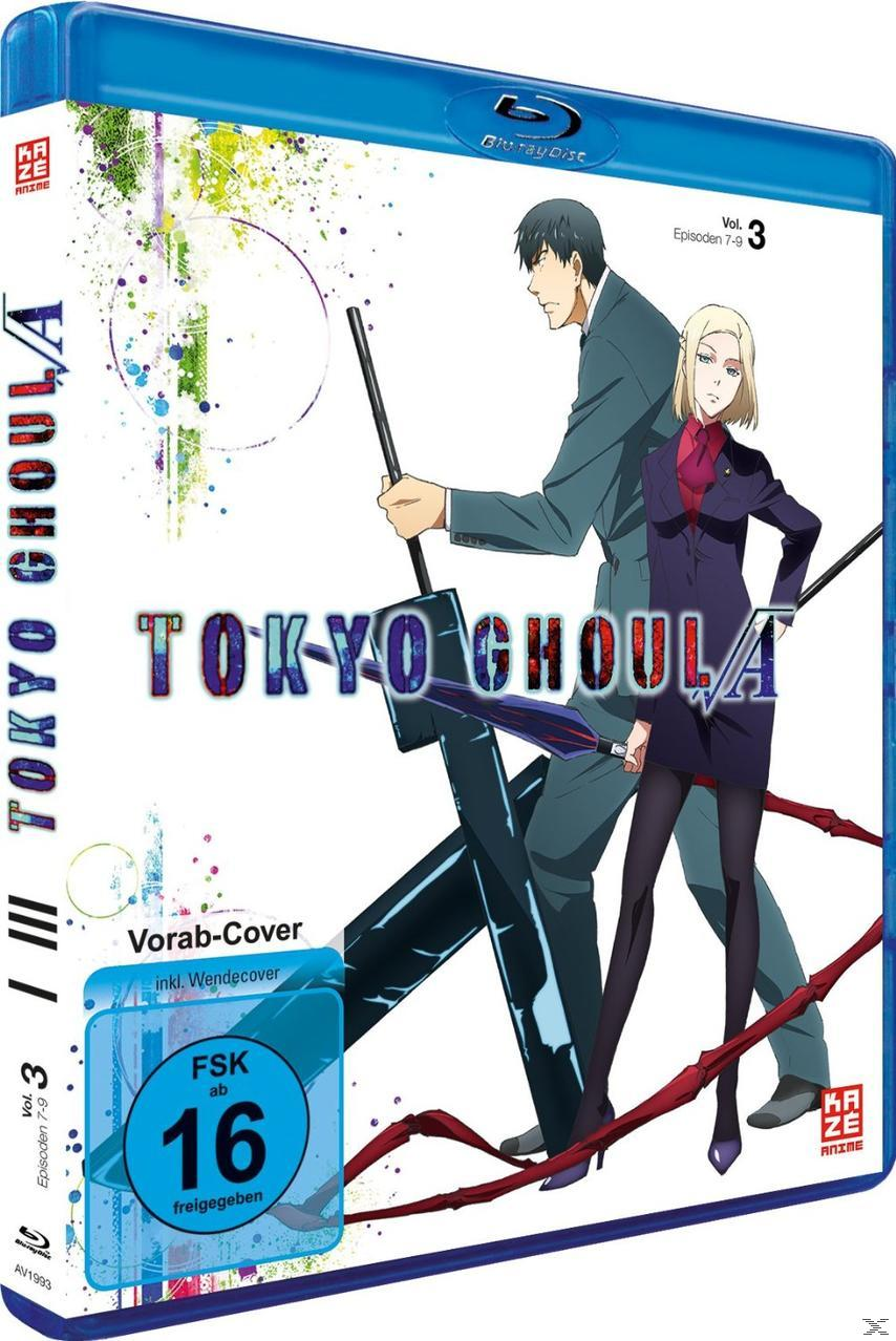 DVD-Box-Art von Tokyo Ghoul. Zwei Charaktere stehen mit einem Schwert, dunkle Farben und Text.