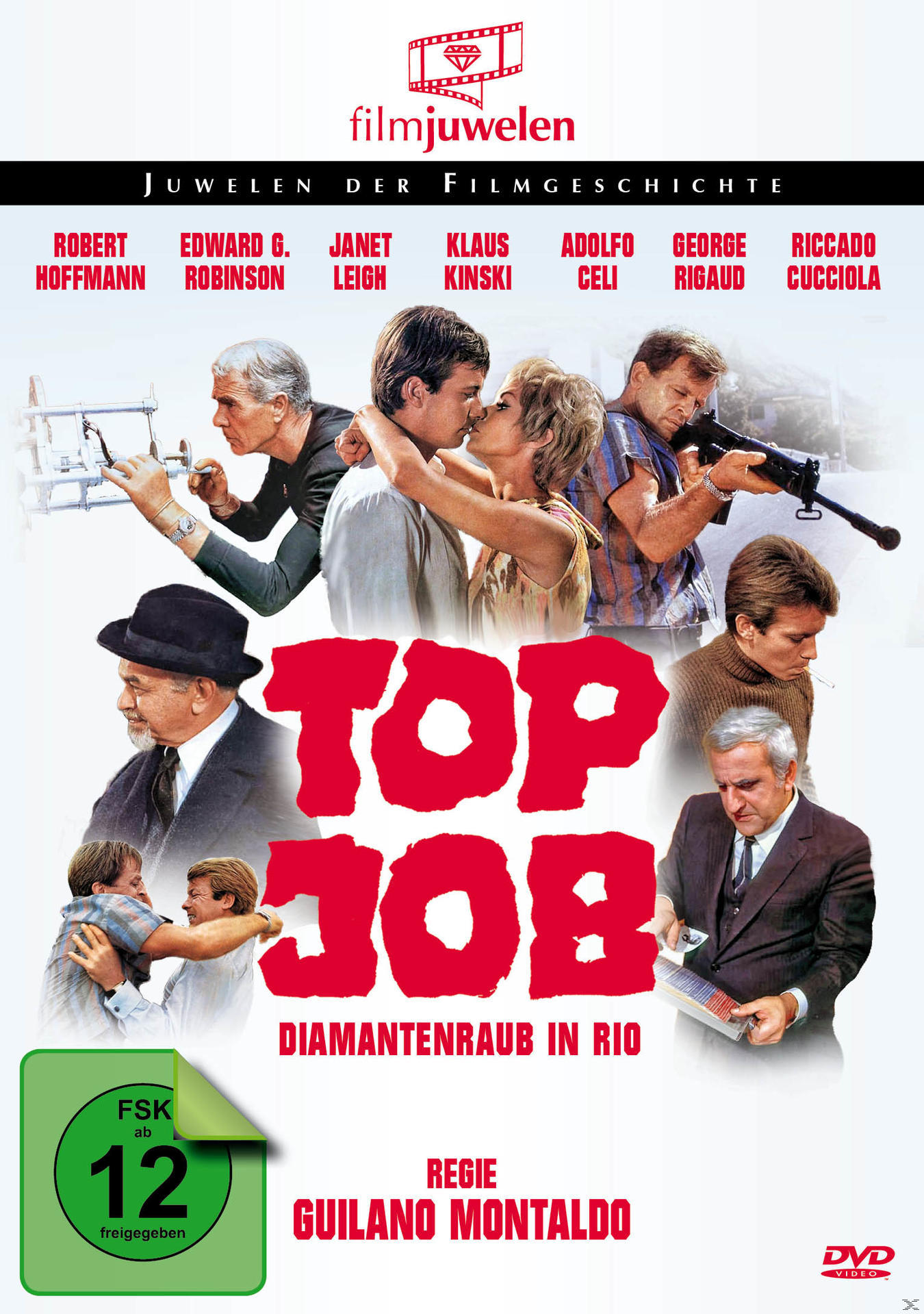 DVD-Cover mit einer Gruppe von Leuten, die sich küssen und Waffen halten. Der Titel lautet 'Top Job'.