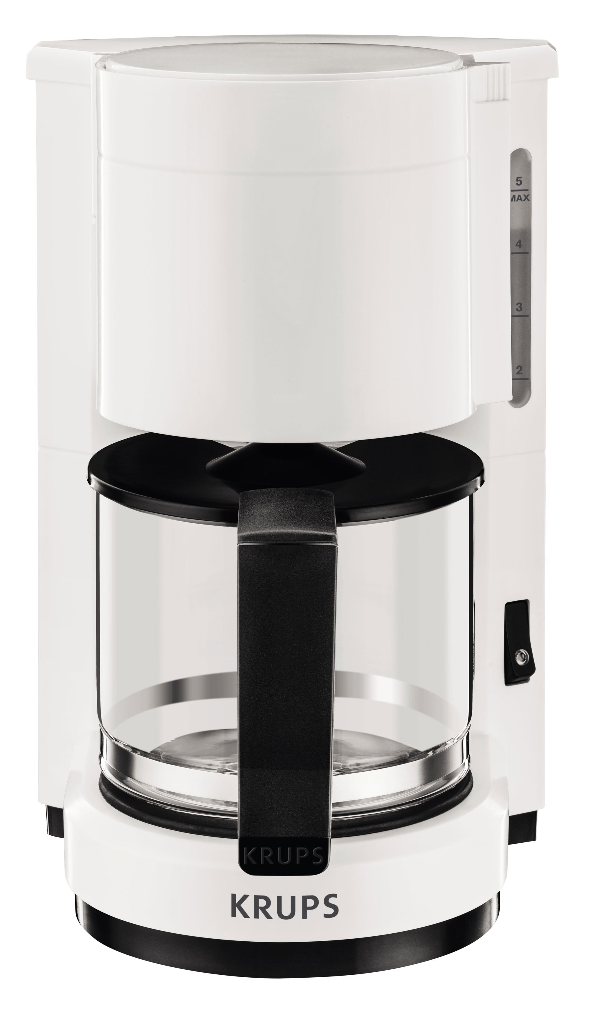 Weiße Krups Kaffeemaschine. Sie hat eine Glaskaraffe und einen schwarzen Griff.