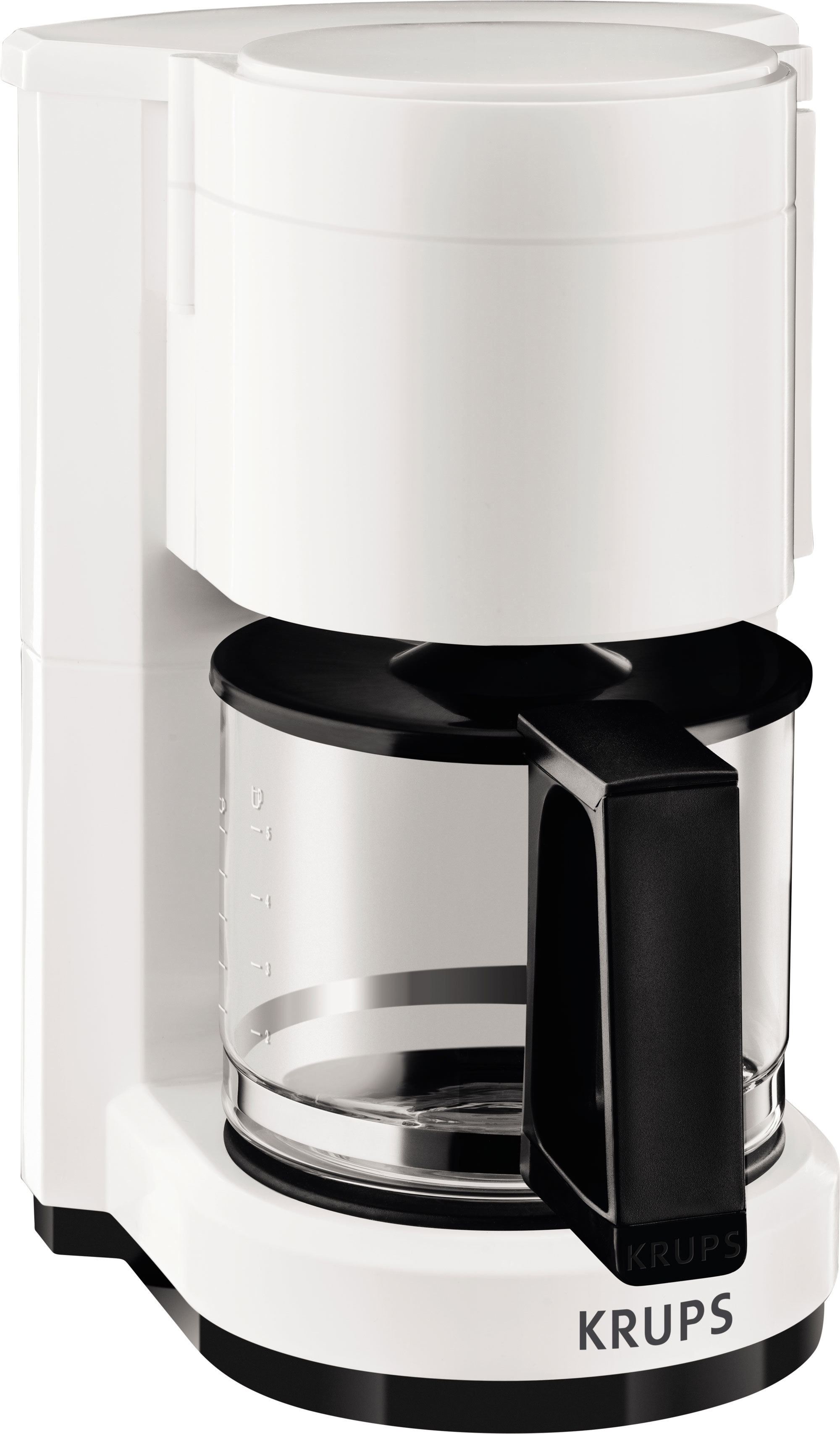 Weißer Krups Kaffeemaschine mit schwarzem Griff und transparenter Karaffe. Weißer Hintergrund.