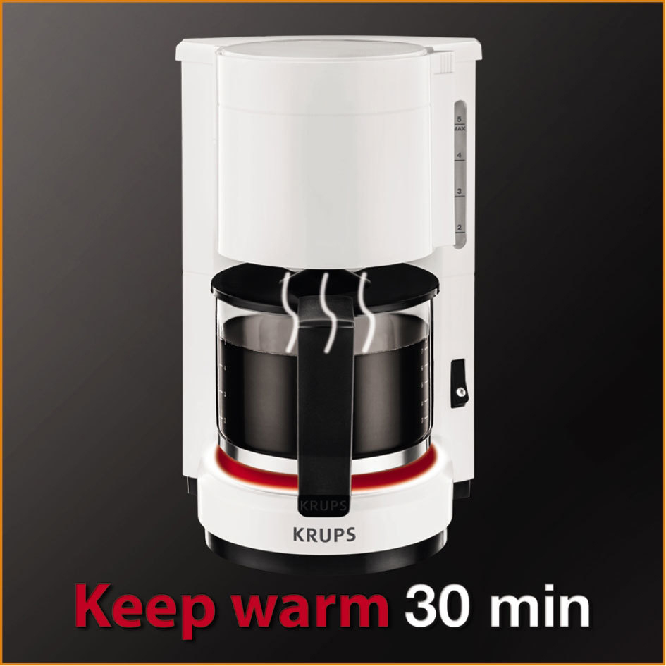 Weißer Kaffeemaschine mit schwarzen Details, rotem Licht und Text 'Warmhalten 30 Min'.