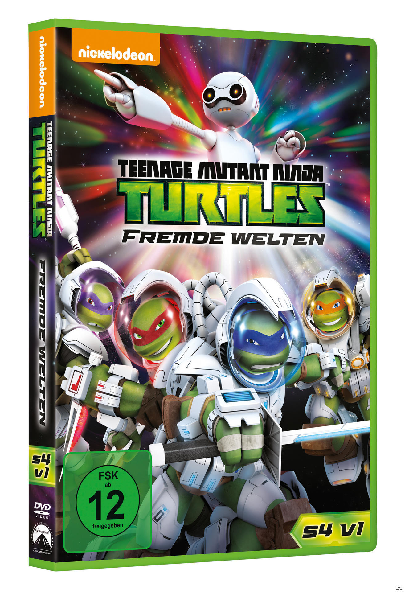 DVD-Cover: Teenage Mutant Ninja Turtles, vier Schildkröten in Raumanzügen. FSK 12.