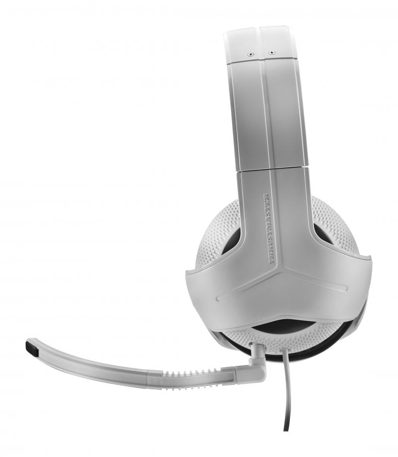 Een witte gaming headset met een microfoon. De headset heeft het merk "Thrustmaster". De achtergrond is wit.