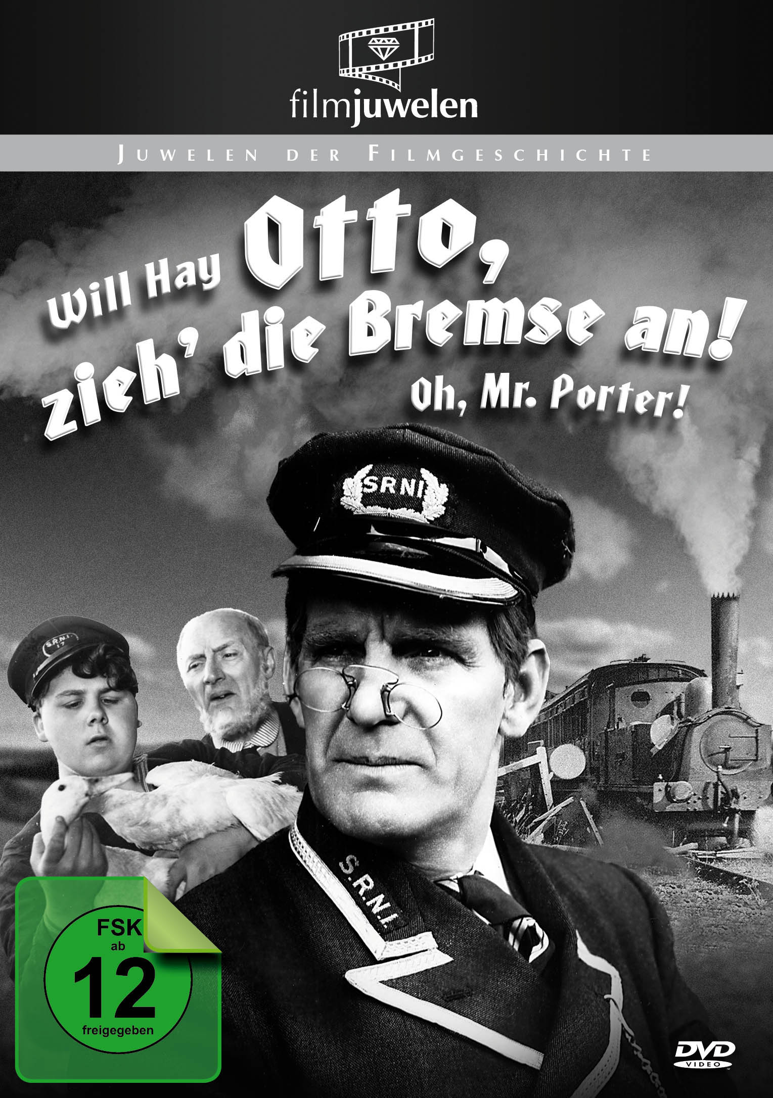 Filmplakat von 'Otto, zieh' die Bremse an!' mit Schauspielern und einem Zug im Hintergrund.