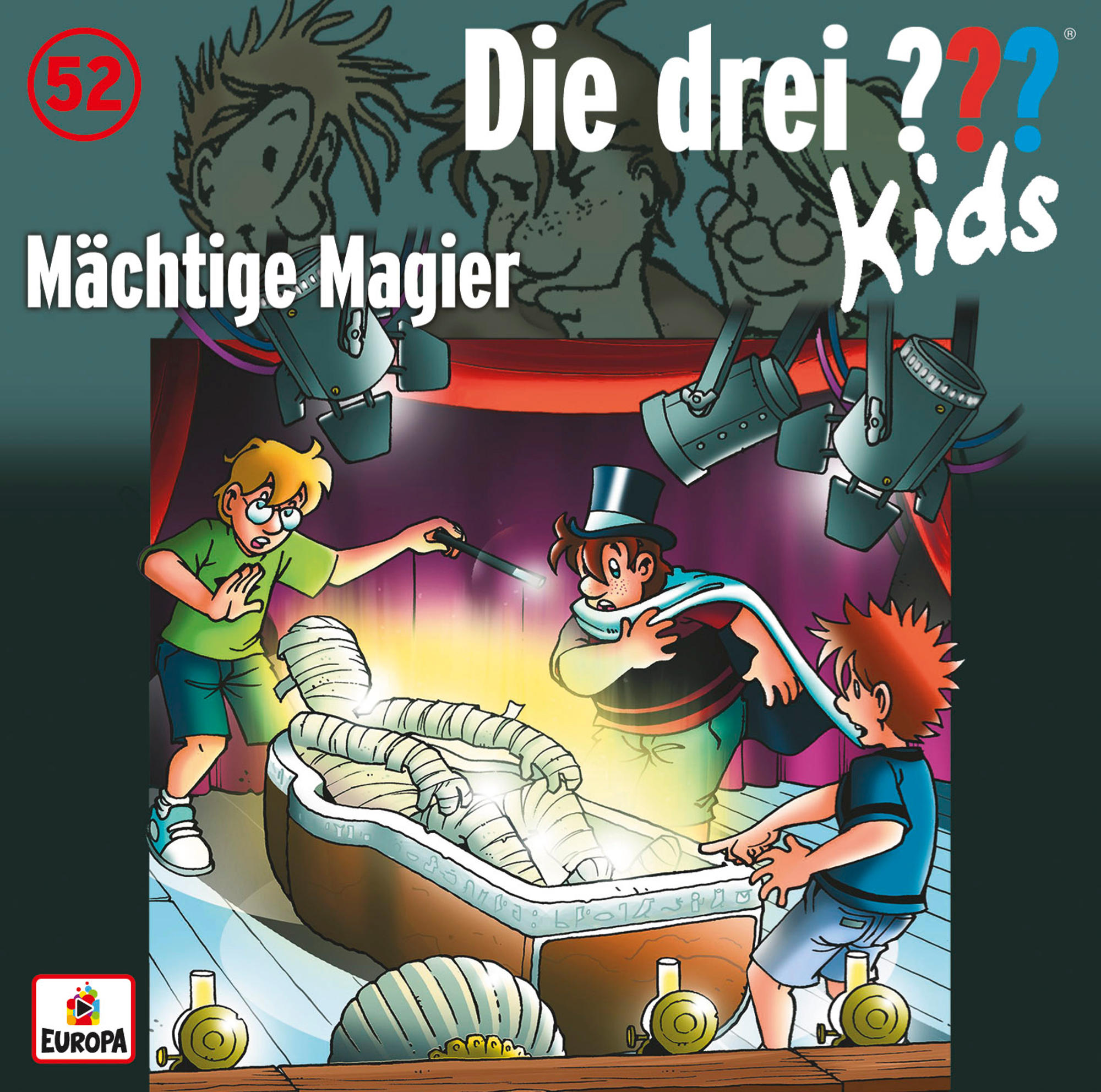 Comic-Cover mit drei Jungen in einem Theaterstück. Der Text lautet 'Die drei ??? Kids' und 'Mächtige Magier'.