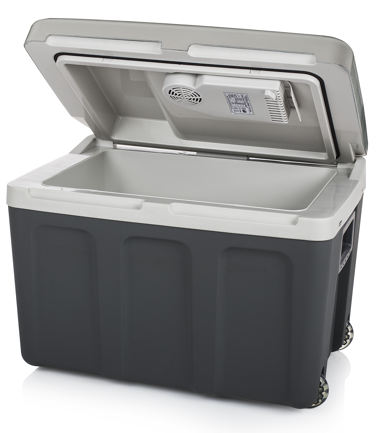 Une glacière portable gris foncé avec un couvercle ouvert. L'intérieur de la glacière est visible, avec un petit ventilateur à l'intérieur.