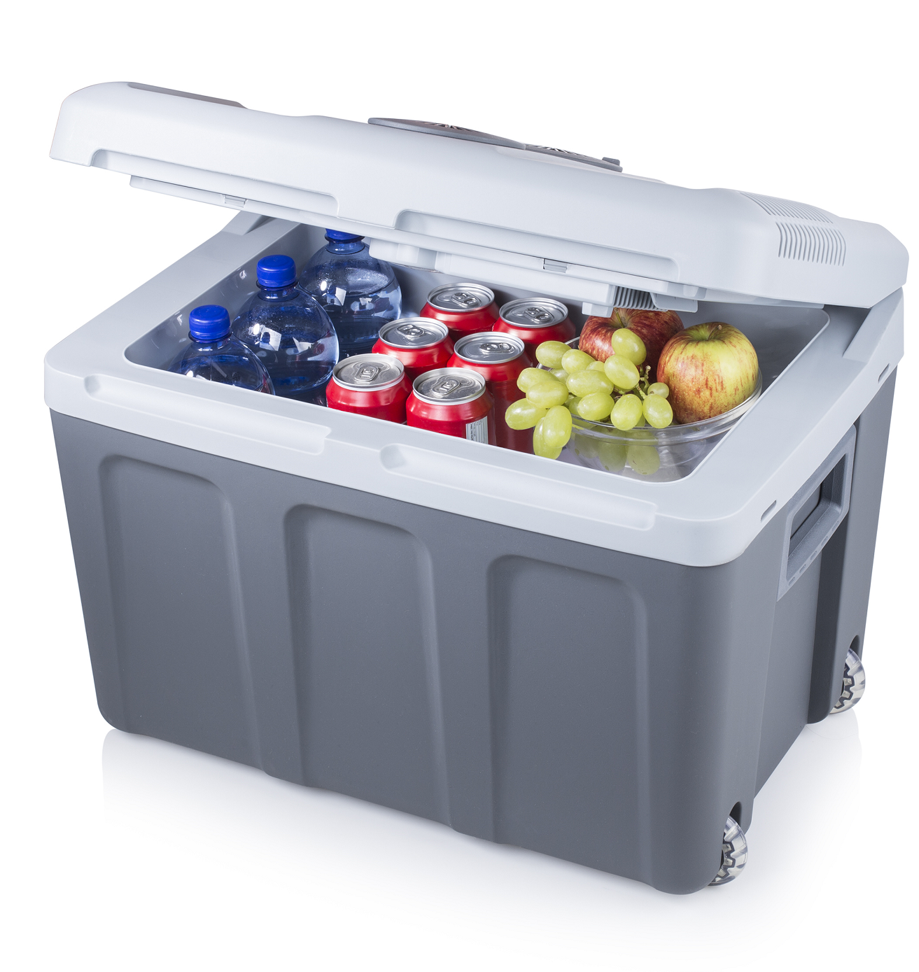 Une glacière portable ouverte avec de la nourriture et des boissons à l'intérieur, y compris des bouteilles d'eau et des pommes.