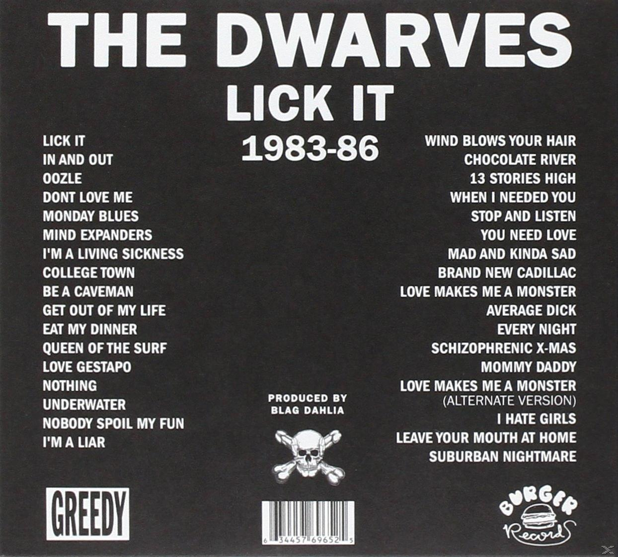 Album-Rückseite mit Titelliste und Totenkopf-Logo. Text enthält 'The Dwarves' und 'Lick It'.