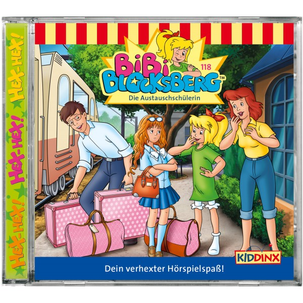 CD-Cover eines Cartoons mit dem Titel 'Bibi Blocksberg'. Zeigt einen Zug, Gepäck und mehrere Cartoonfiguren.