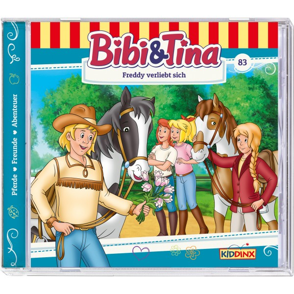CD-Cover von Bibi & Tina, einem Cartoon mit Cowboy, Pferden und Mädchen. Buntes Design.