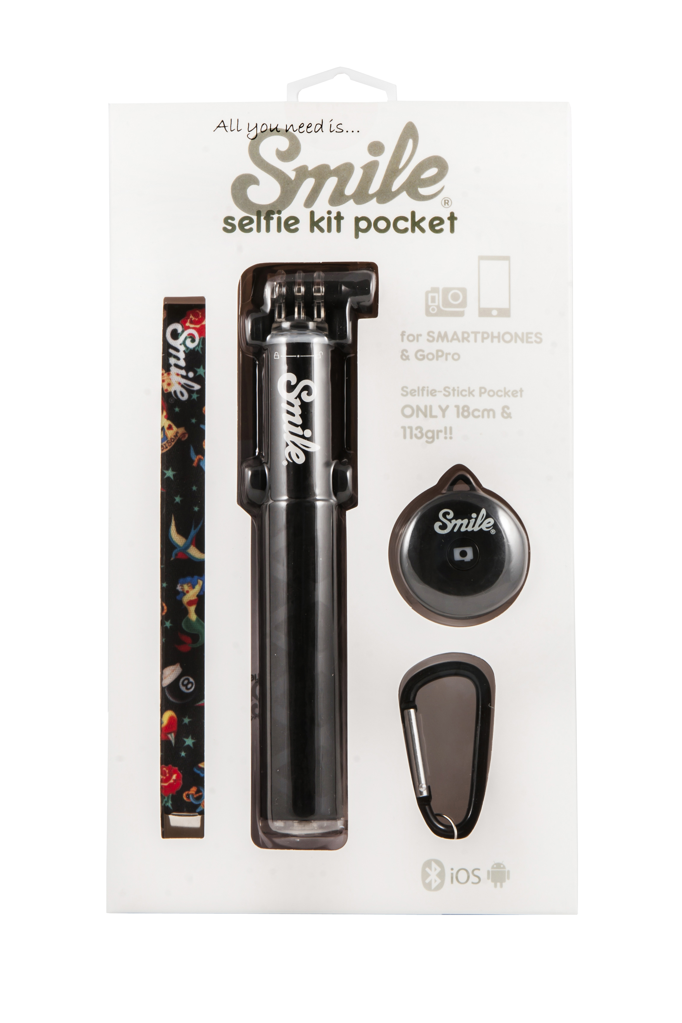 SMILE Pocket Pin Up Selfie Stick, Schwarz, Höhe offen bis 60 mm
