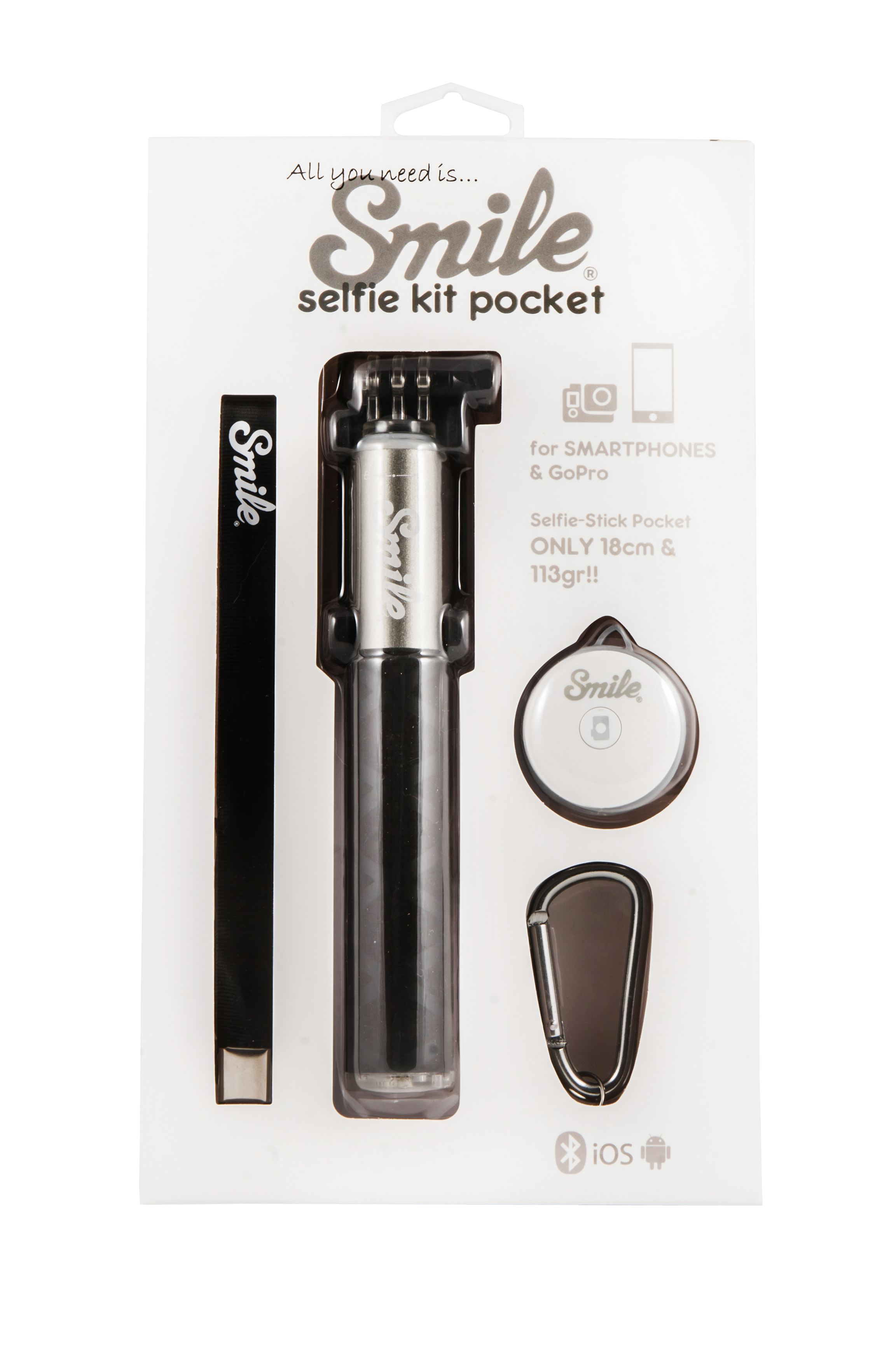 SMILE Pocket Smile  Selfie Stick, Schwarz, Höhe offen bis 60 mm