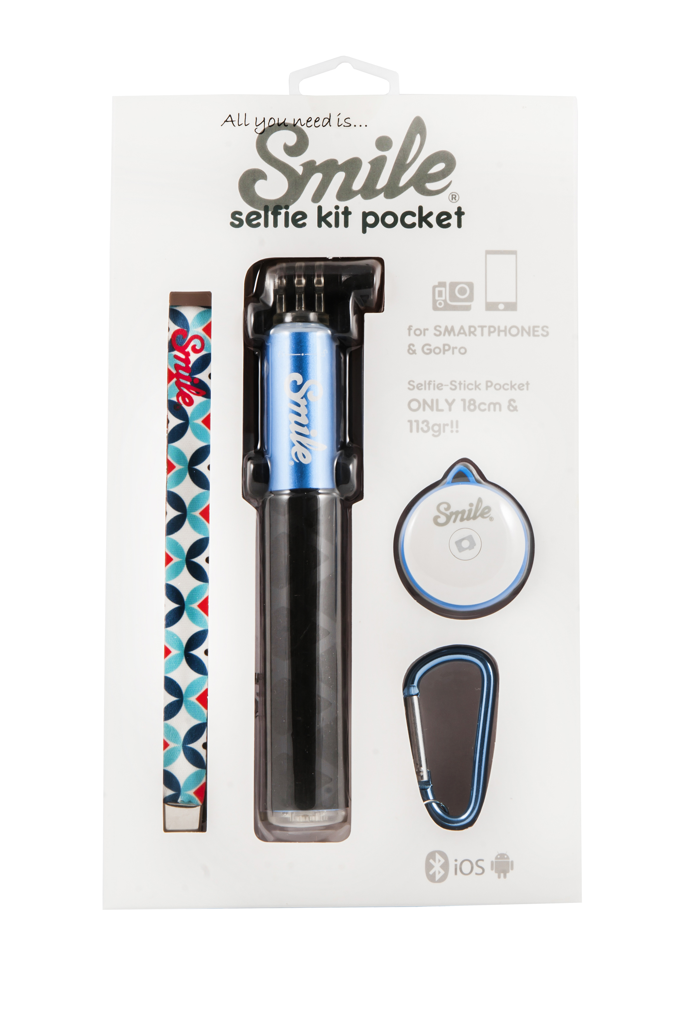 SMILE Pocket Mod  Selfie Stick, Blau, Höhe offen bis 60 mm