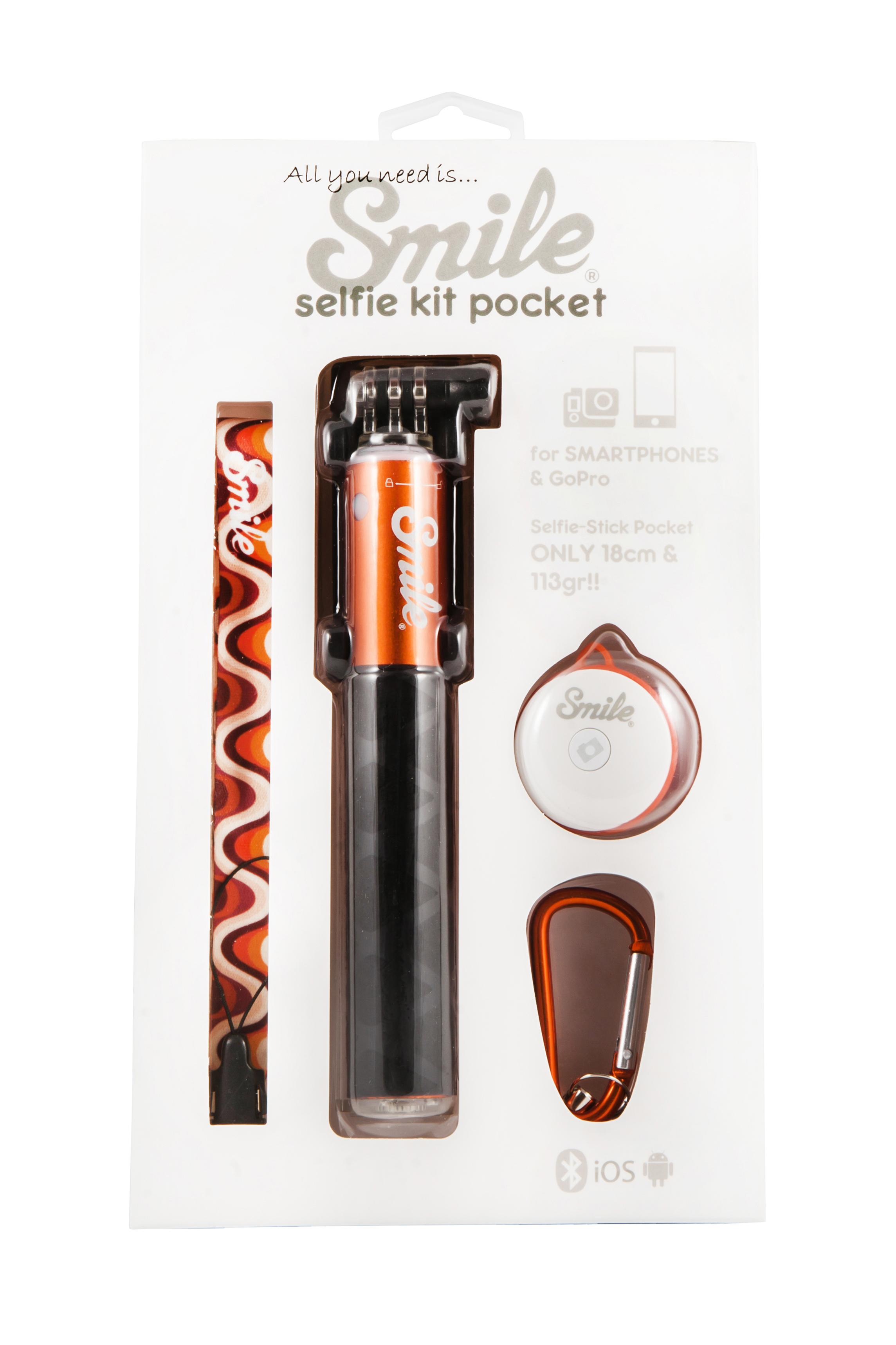 SMILE Pocket 70's Selfie Stick, Orange, Höhe offen bis 60 mm