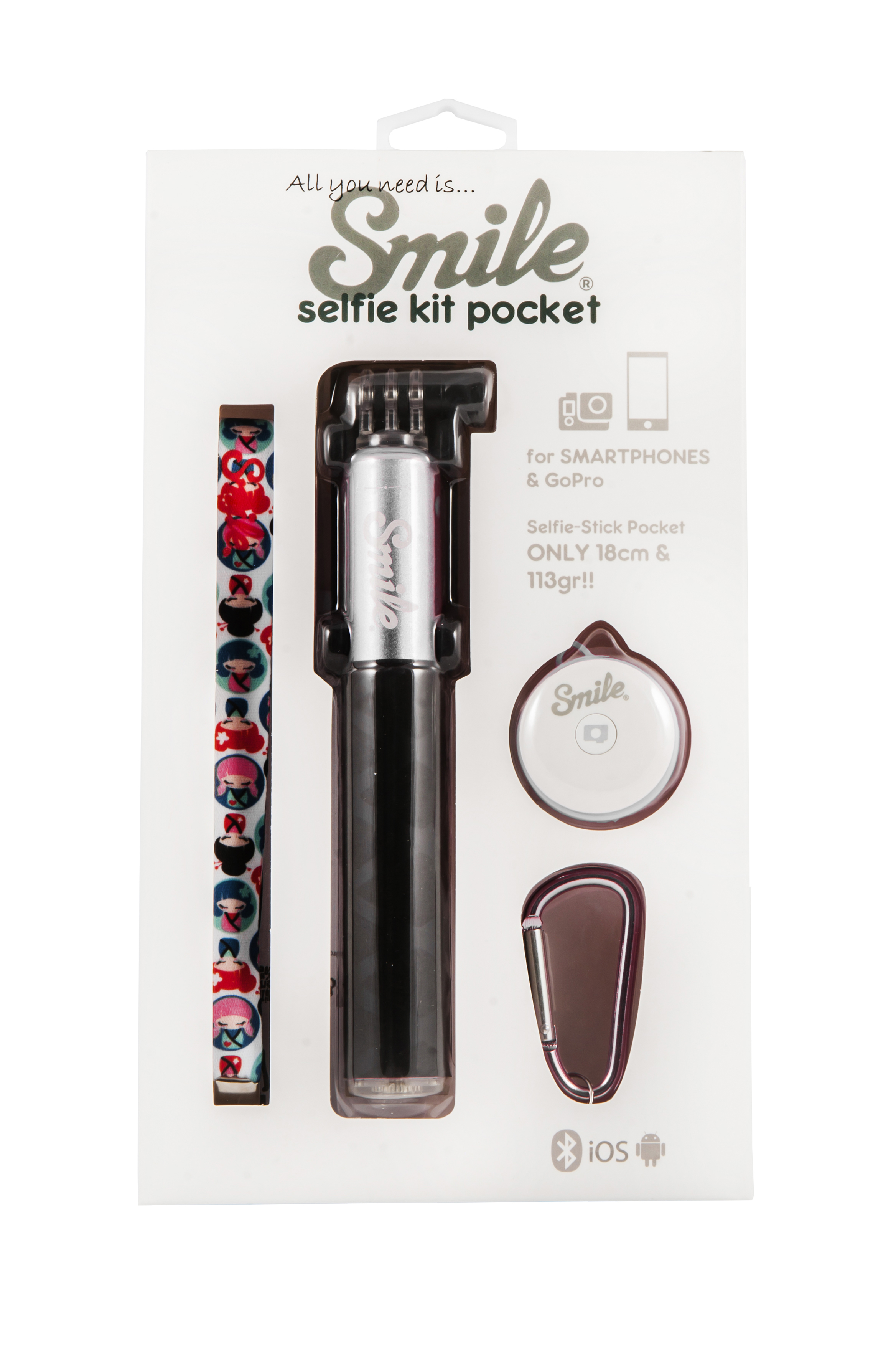 SMILE Pocket Kawai  Selfie Stick, Pink, Höhe offen bis 60 mm