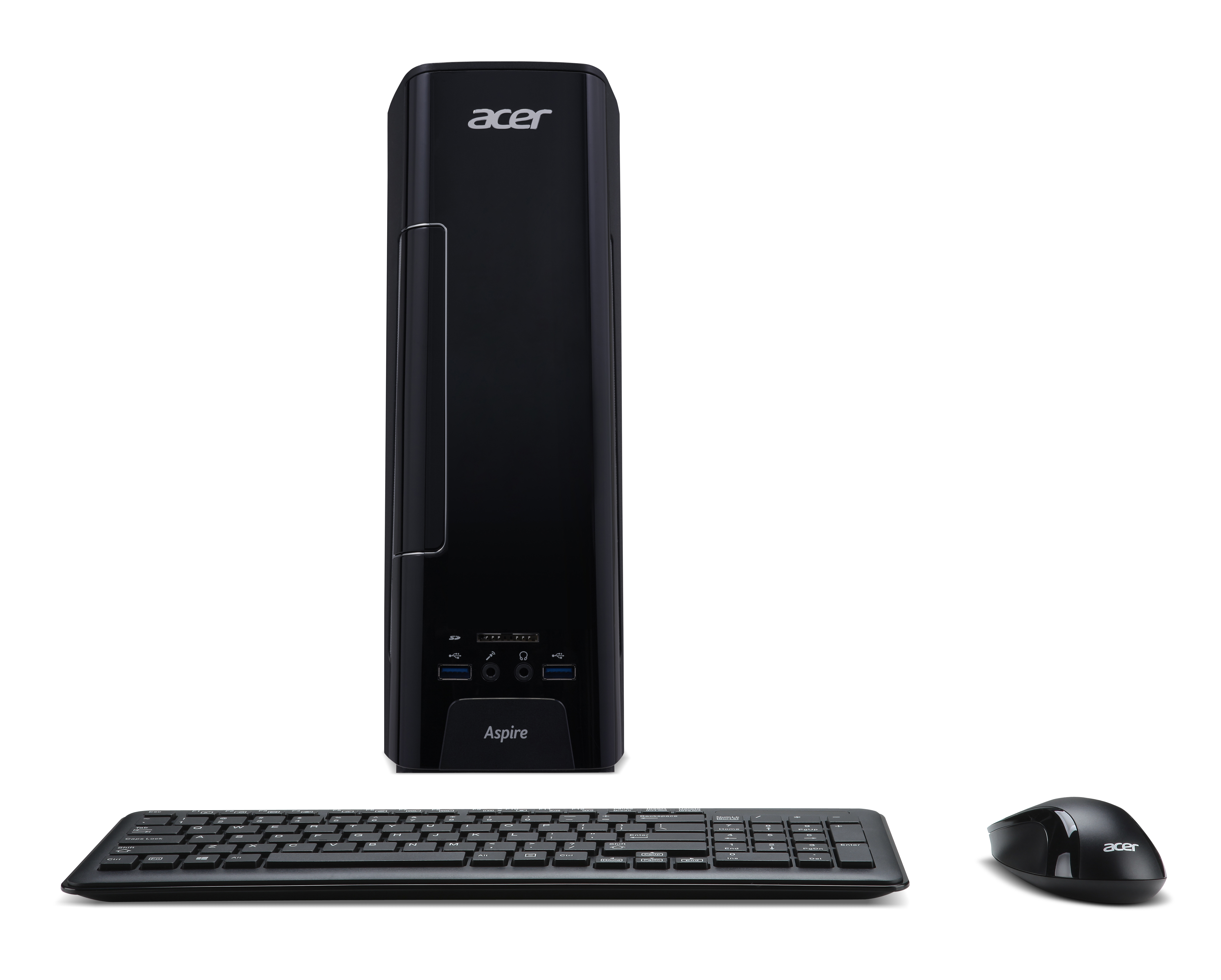 Ein schwarzer Acer-Desktop-Computer mit Tastatur und Maus auf weißem Hintergrund.