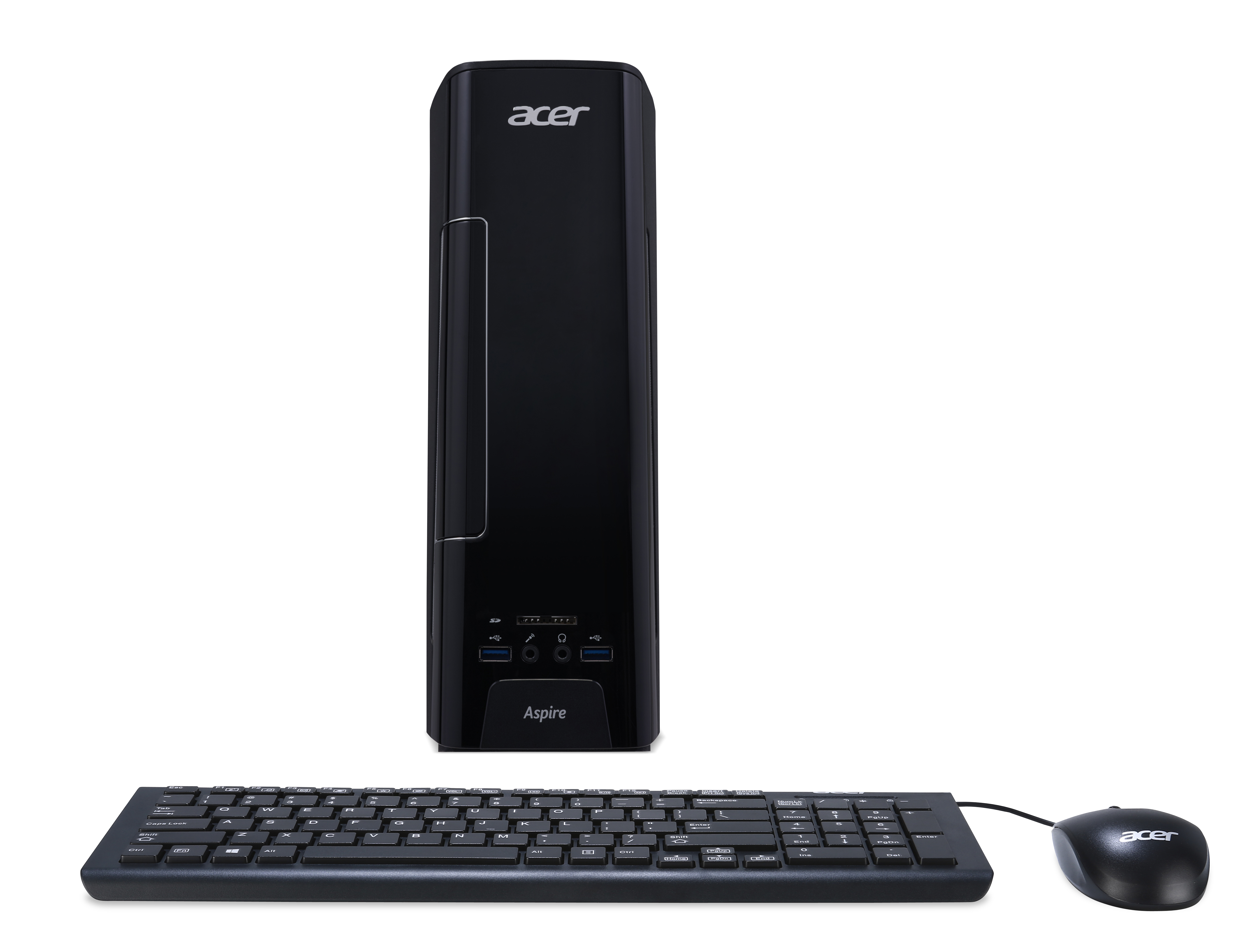 Schwarzer Acer Desktop-Computer, Tastatur und Maus auf weißem Hintergrund.