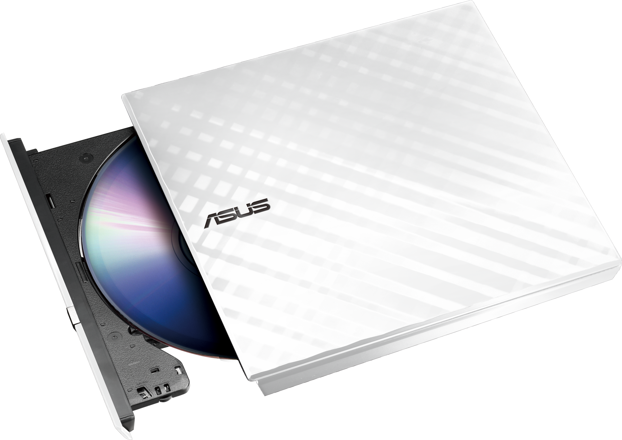 Fehér Asus DVD-meghajtó, részben nyitva egy lemezzel. Fekete háttér.
