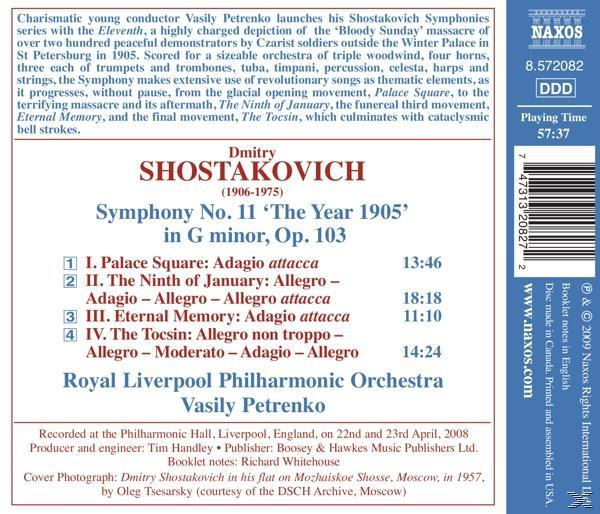 Rückseite einer CD mit Text über Schostakowitschs Symphonie Nr. 11. Rotes und weißes Farbschema.