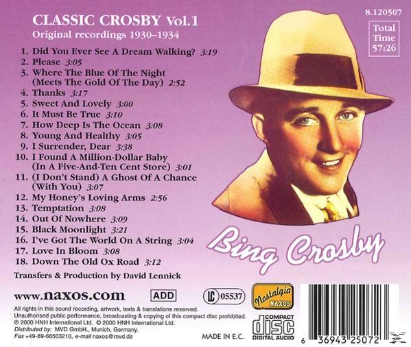 CD-Cover mit Bing Crosby-Porträt und Titelliste. Beige- und lila Farbschema.