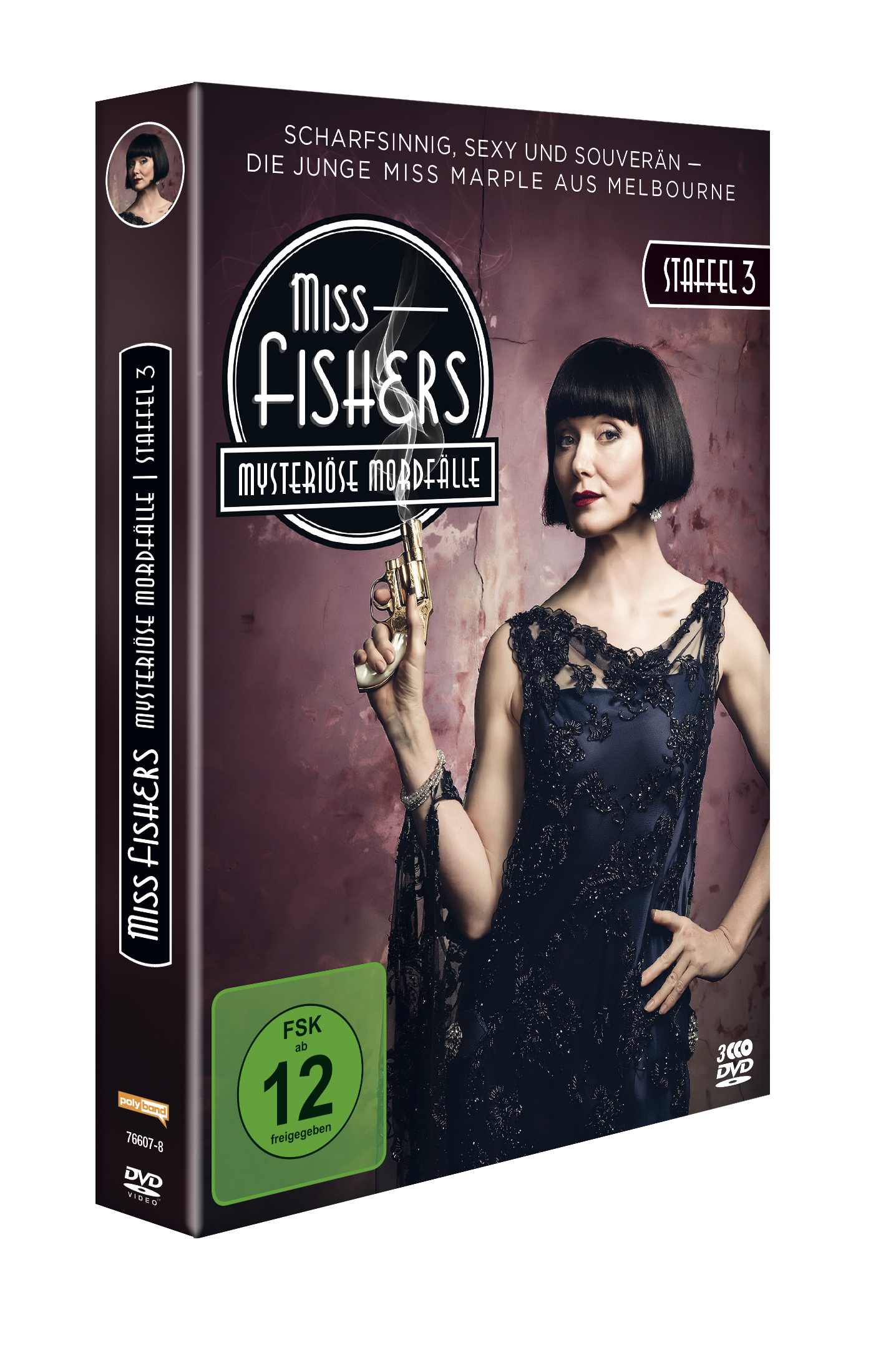 Eine DVD-Hülle für Miss Fishers mysteriöse Mordfälle, mit einer Frau, die eine Pistole hält.