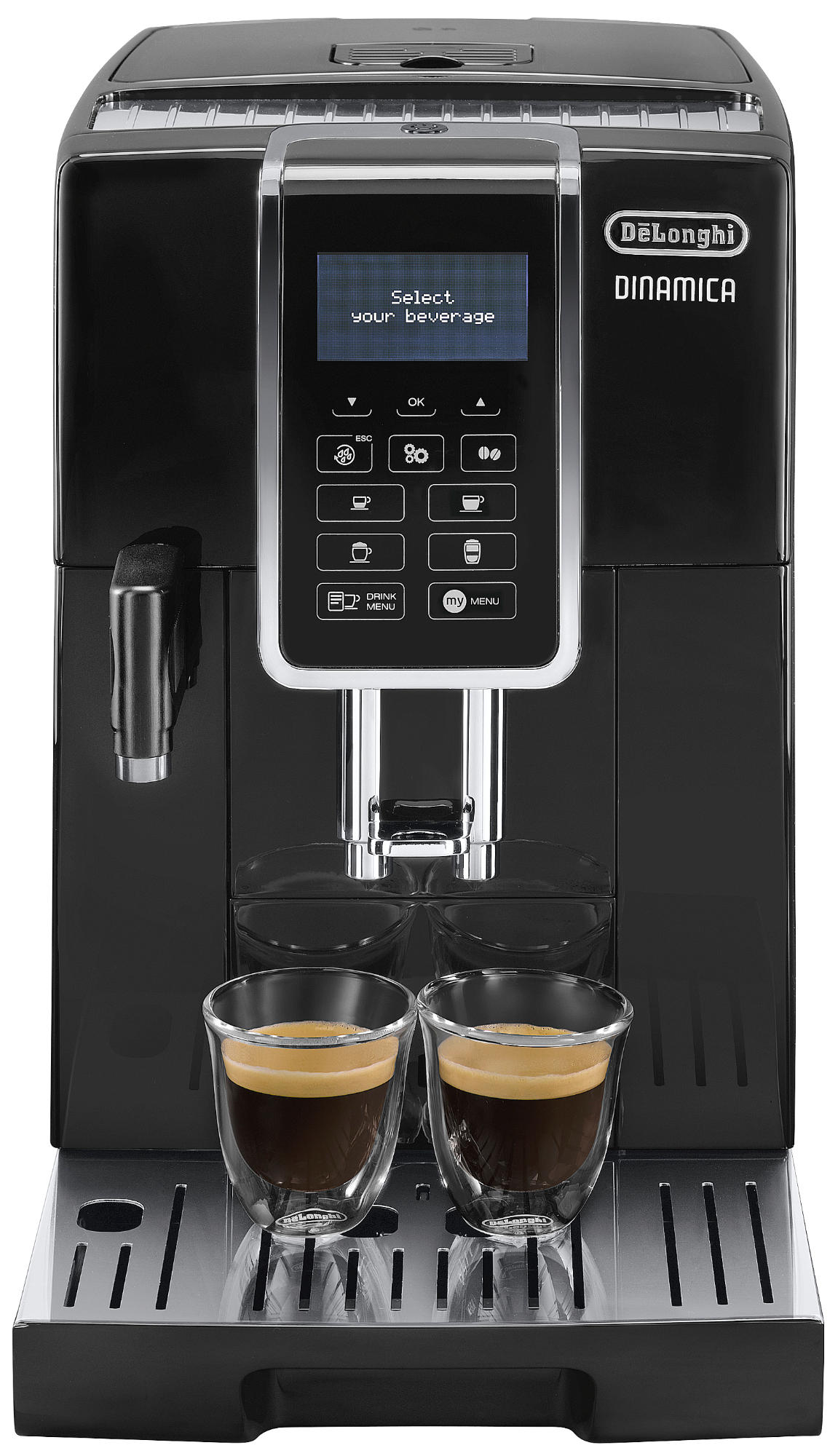 Czarny ekspres do kawy DeLonghi z ekranem LCD i dwoma szklankami kawy z przodu.