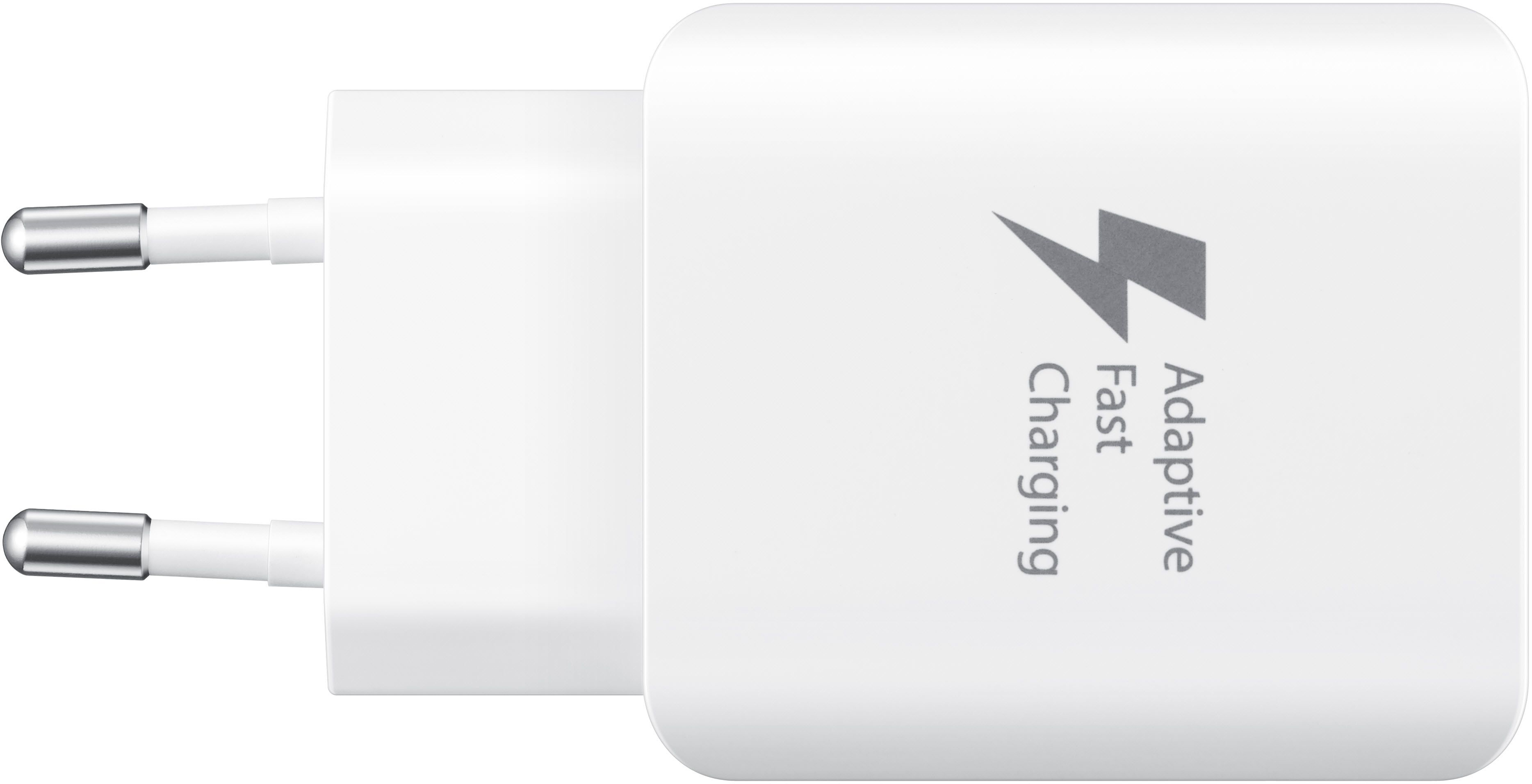 Weißes Samsung-Ladegerät mit zwei Stiften und den Worten Adaptive Fast Charging. Grauer Blitz.