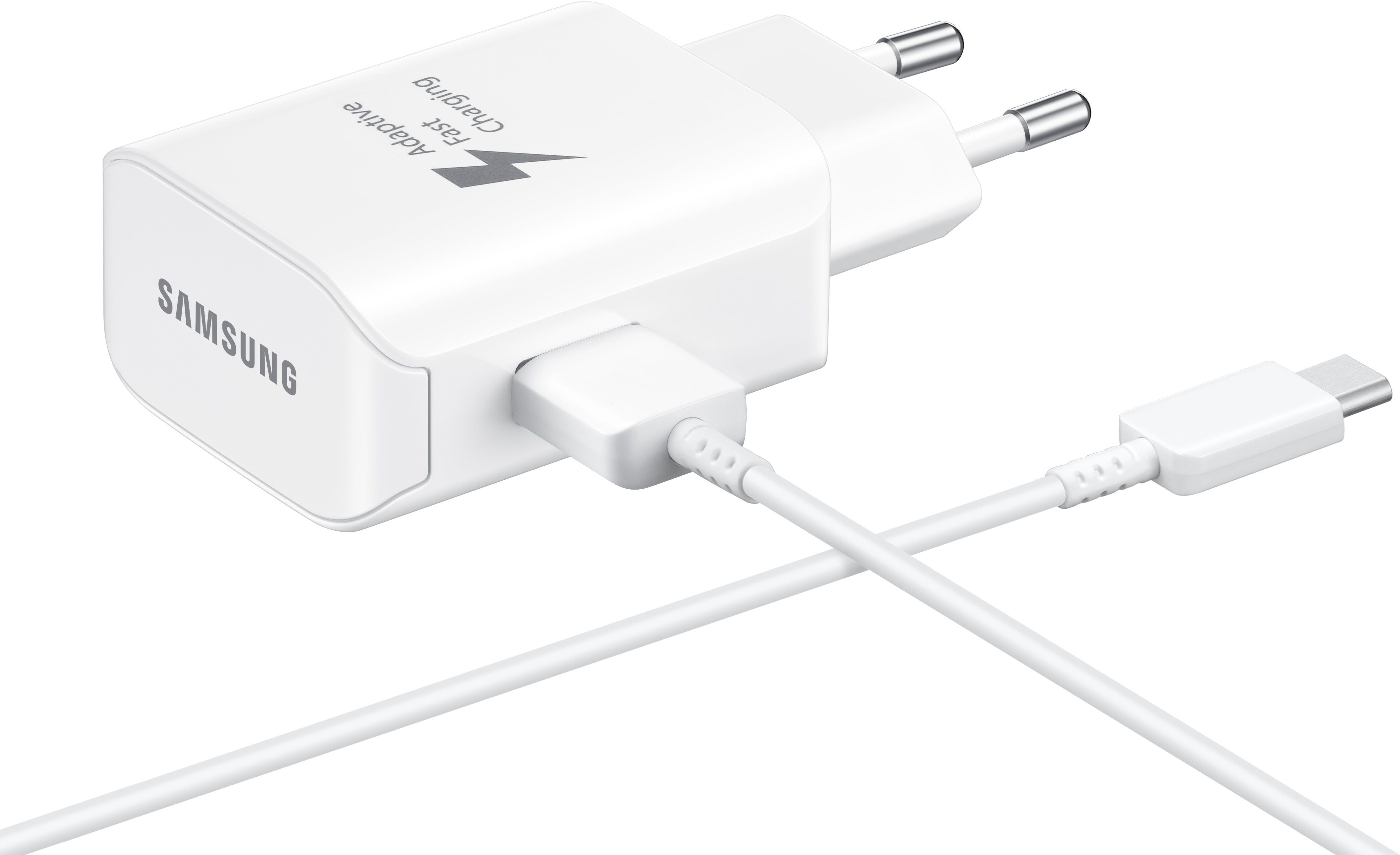 Weißes Samsung-Ladegerät mit Kabel und USB-C-Anschluss.