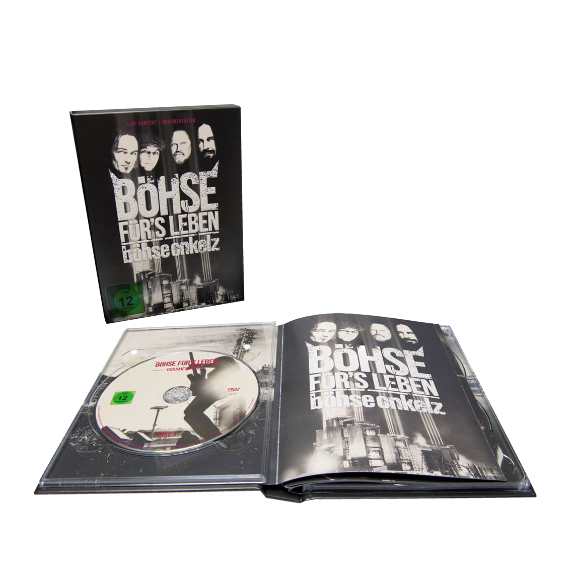 DVD-Hülle mit Bandnamen, DVD und offener Hülle mit Gesichtern von Bandmitgliedern.