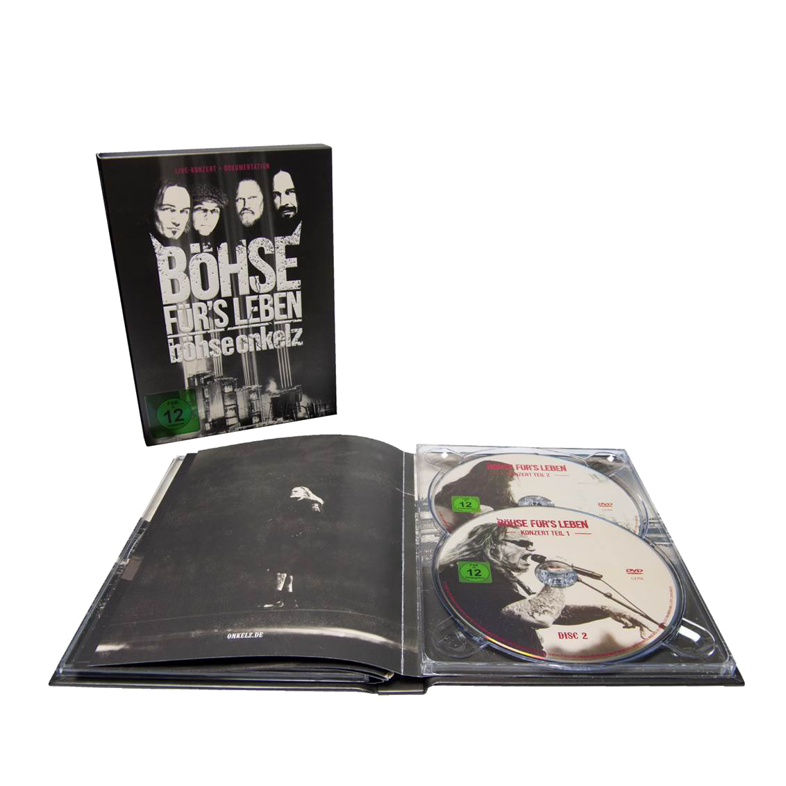 DVD-Set mit Live-Konzert und Dokumentation. Cover mit Bandmitgliedern. Scheiben innen. Schwarz-Weiß-Thema.