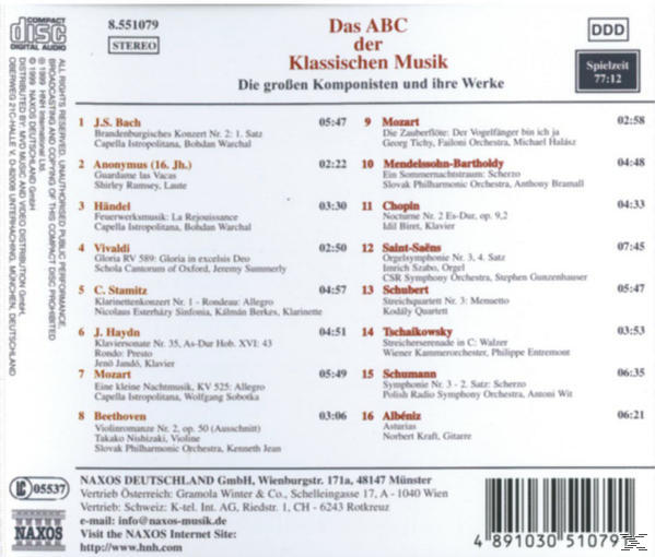 Rückseite einer CD 'Das ABC der Klassischen Musik' mit Titelliste und Credits.