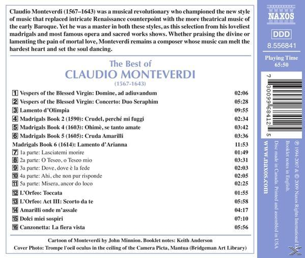 CD-Rückseite mit Text über Claudio Monteverdi, einschliesslich einer Titelliste und einigen Notizen.