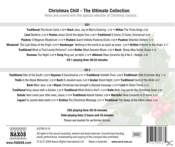 CD-Rückseite. Christmas Chill Album-Trackliste. Mit festlichen Klassikern. Rotes und weißes Design.