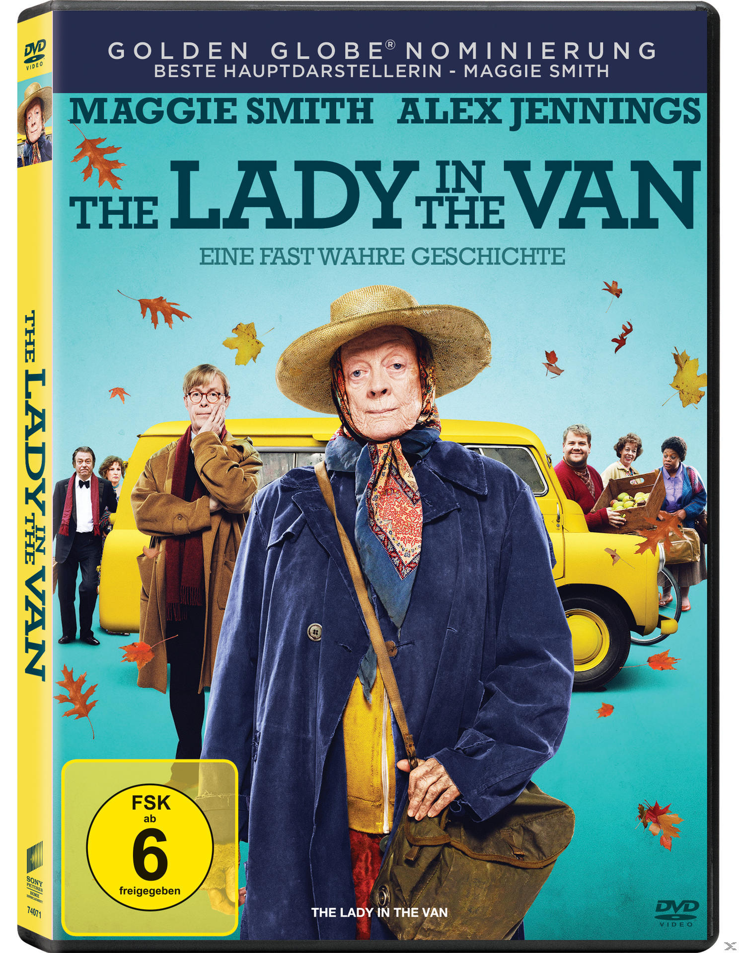 DVD-Cover mit einer Frau mit Hut, einem gelben Van und Text. Herbstblätter sind im Hintergrund.