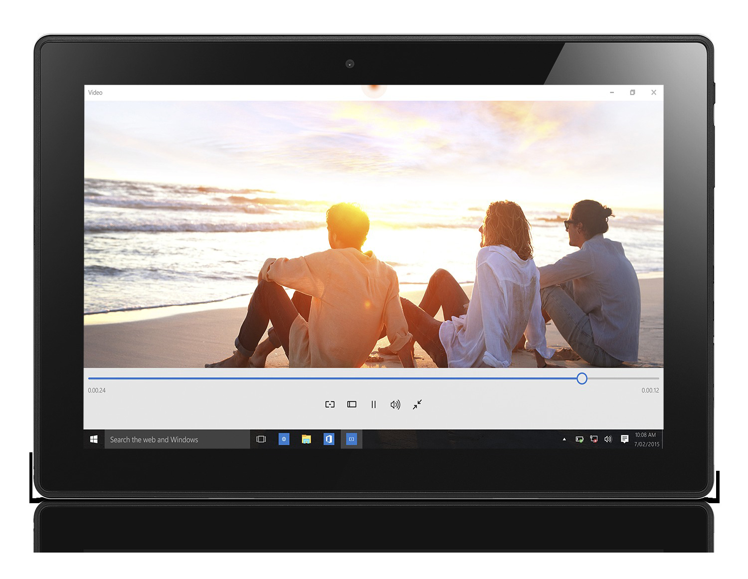 Tablet zeigt Video von Menschen am Strand, Wiedergabesteuerung sichtbar.