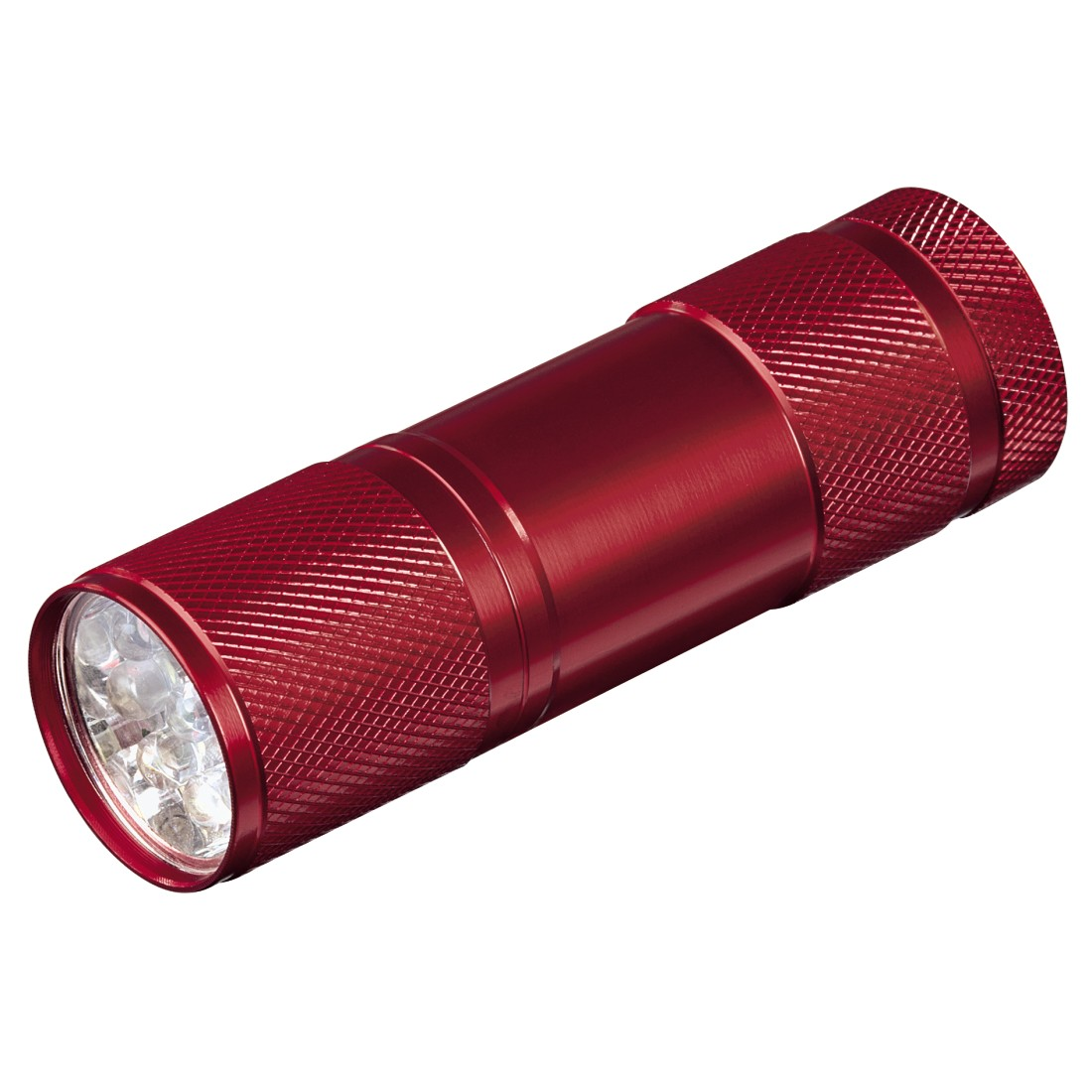 Une lampe de poche rouge avec une poignée texturée et un boîtier de lentille, éclairée par des LED, sur fond blanc.