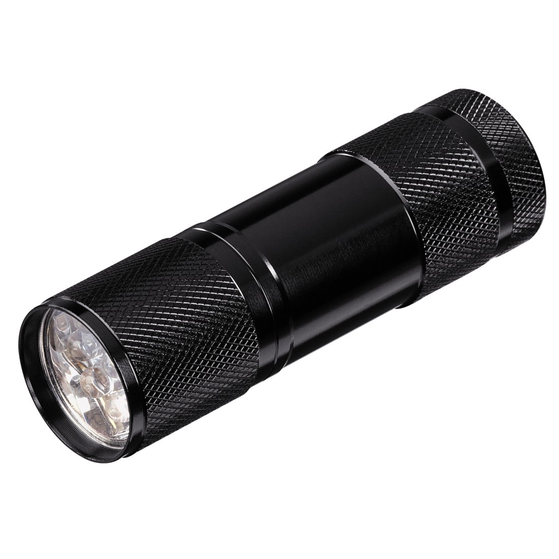 Lampe de poche noire avec plusieurs lumières LED. Manche texturé et lentille claire.
