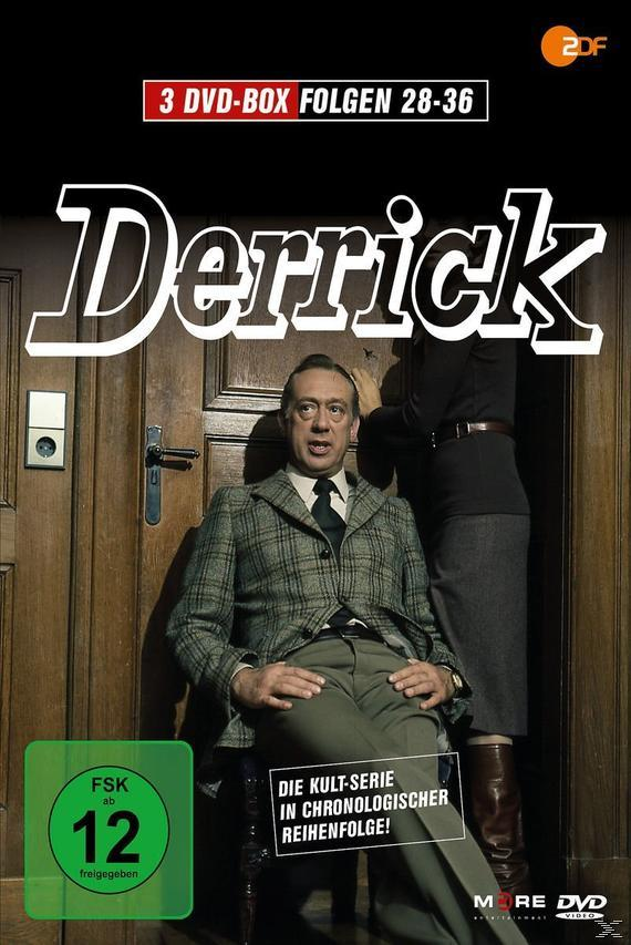 Derrick DVD-Box-Set. Das Cover zeigt einen Mann im Anzug und eine Frau, die ihm die Haare richtet, mit einer Tür dahinter.