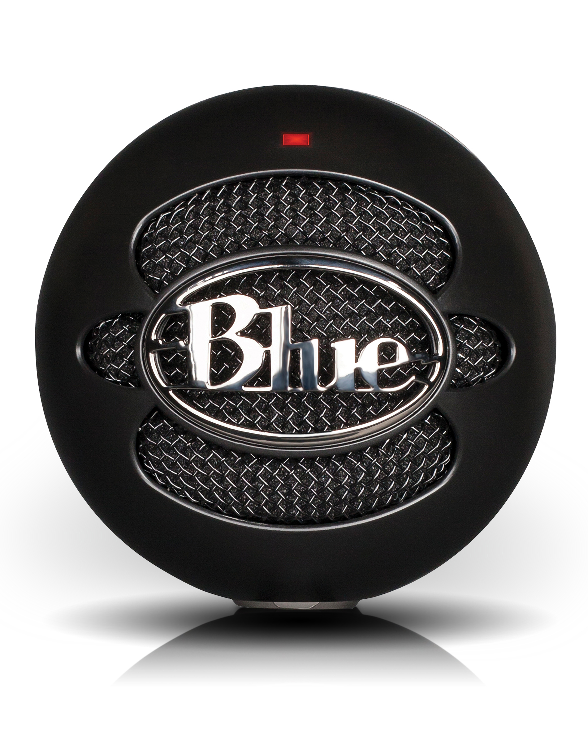 Nahaufnahme eines schwarzen Blue Yeti Mikrofons mit silbernem Mesh und rotem Licht oben.