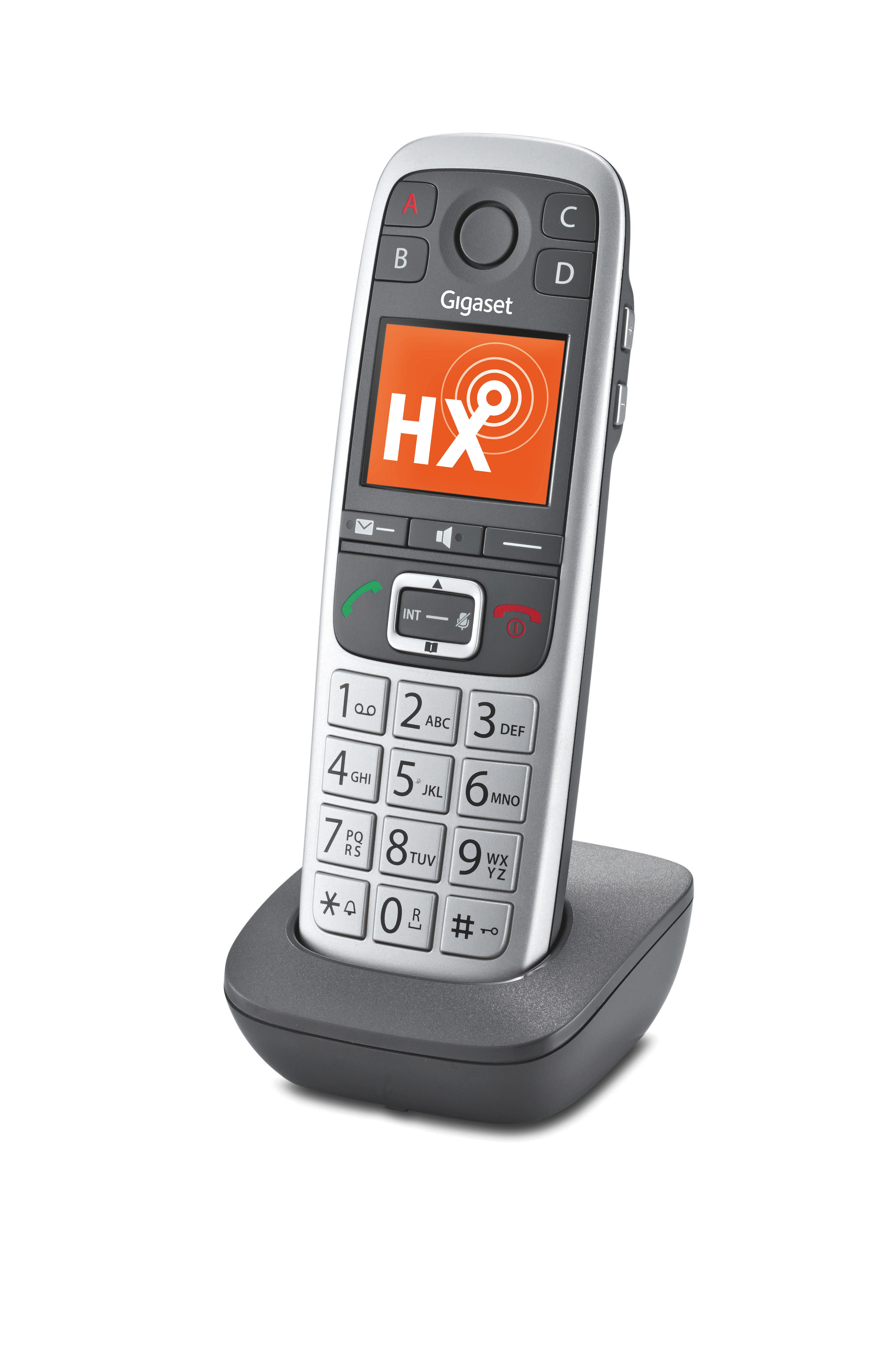 Gigaset Schnurlostelefon auf einer Basis, mit Display und Tastatur.