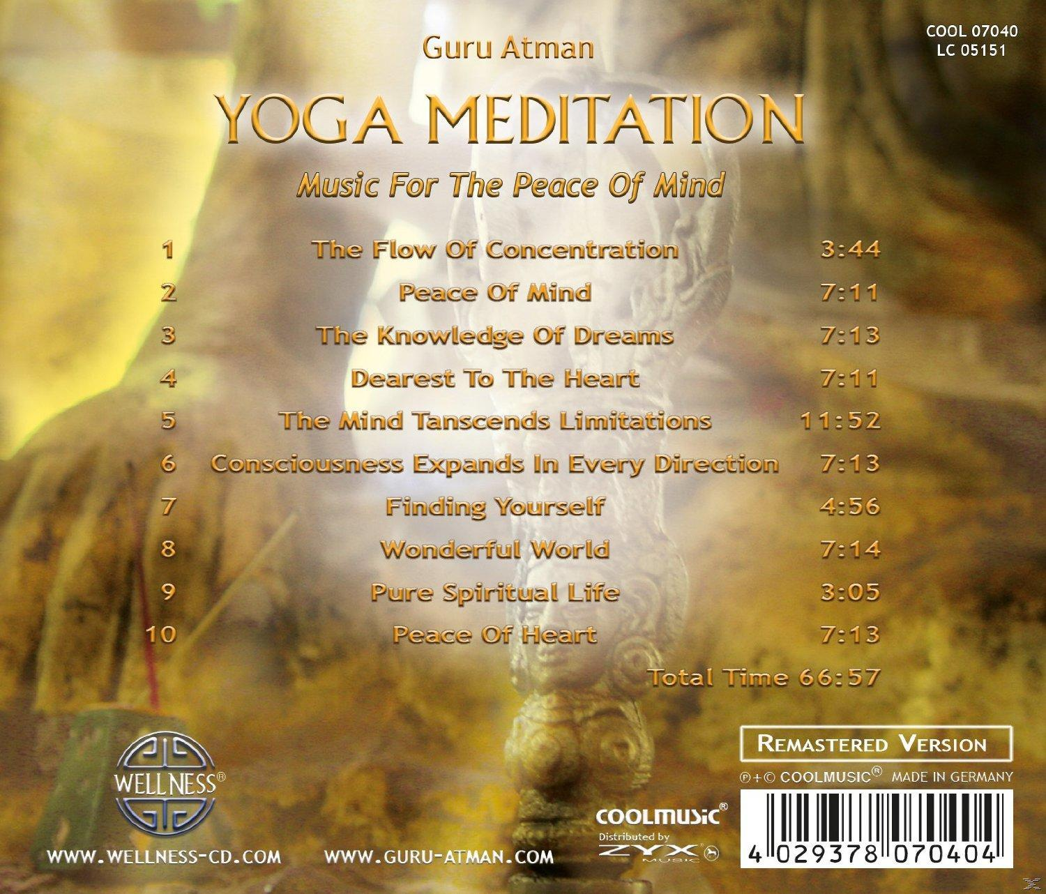 CD-Cover mit einer Liste von Yoga-Meditations-Tracks und einem Logo. Braun- und Gelbtöne.