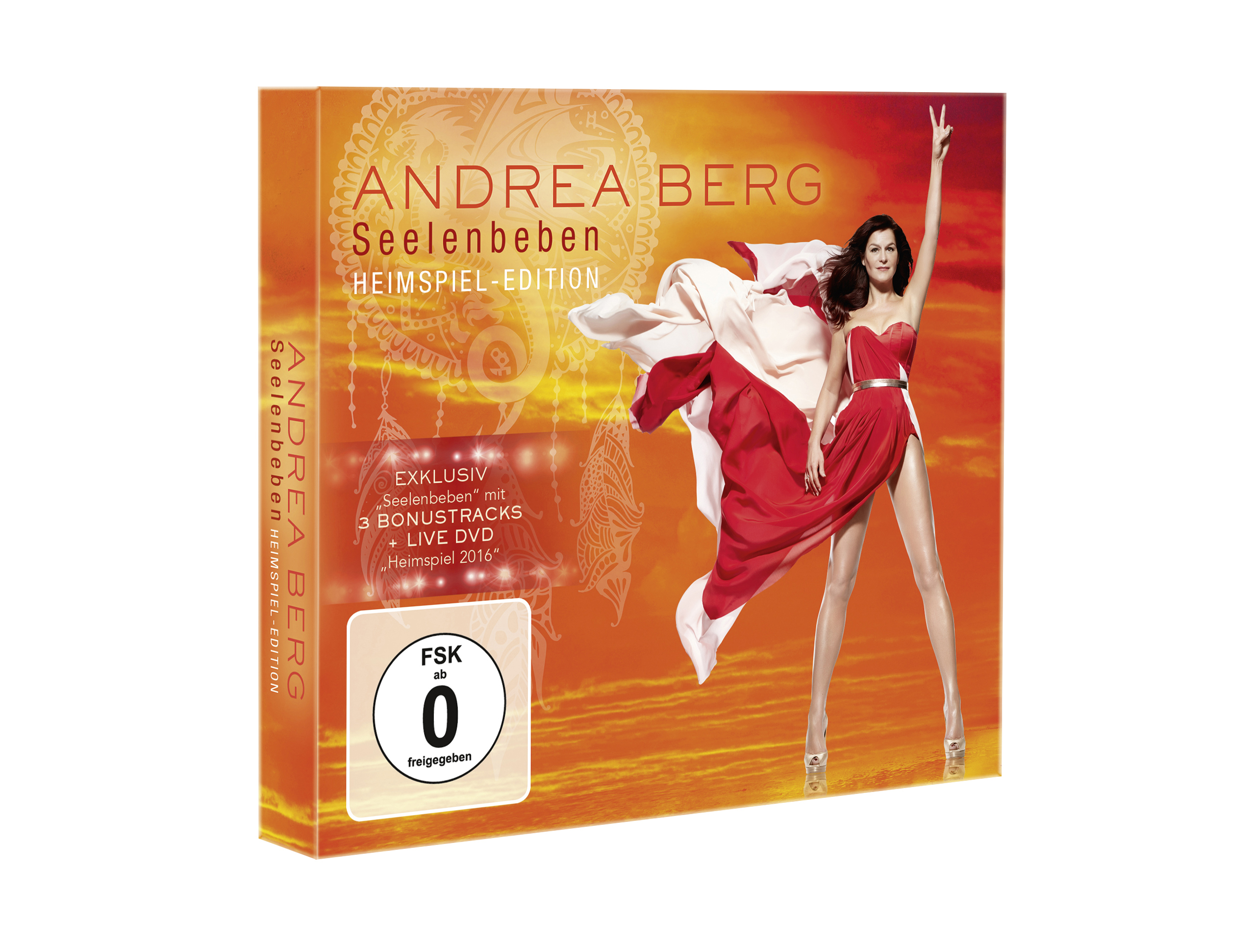 DVD-Cover mit Andrea Berg. Sie trägt ein rotes Kleid und steht. Oranger Hintergrund.